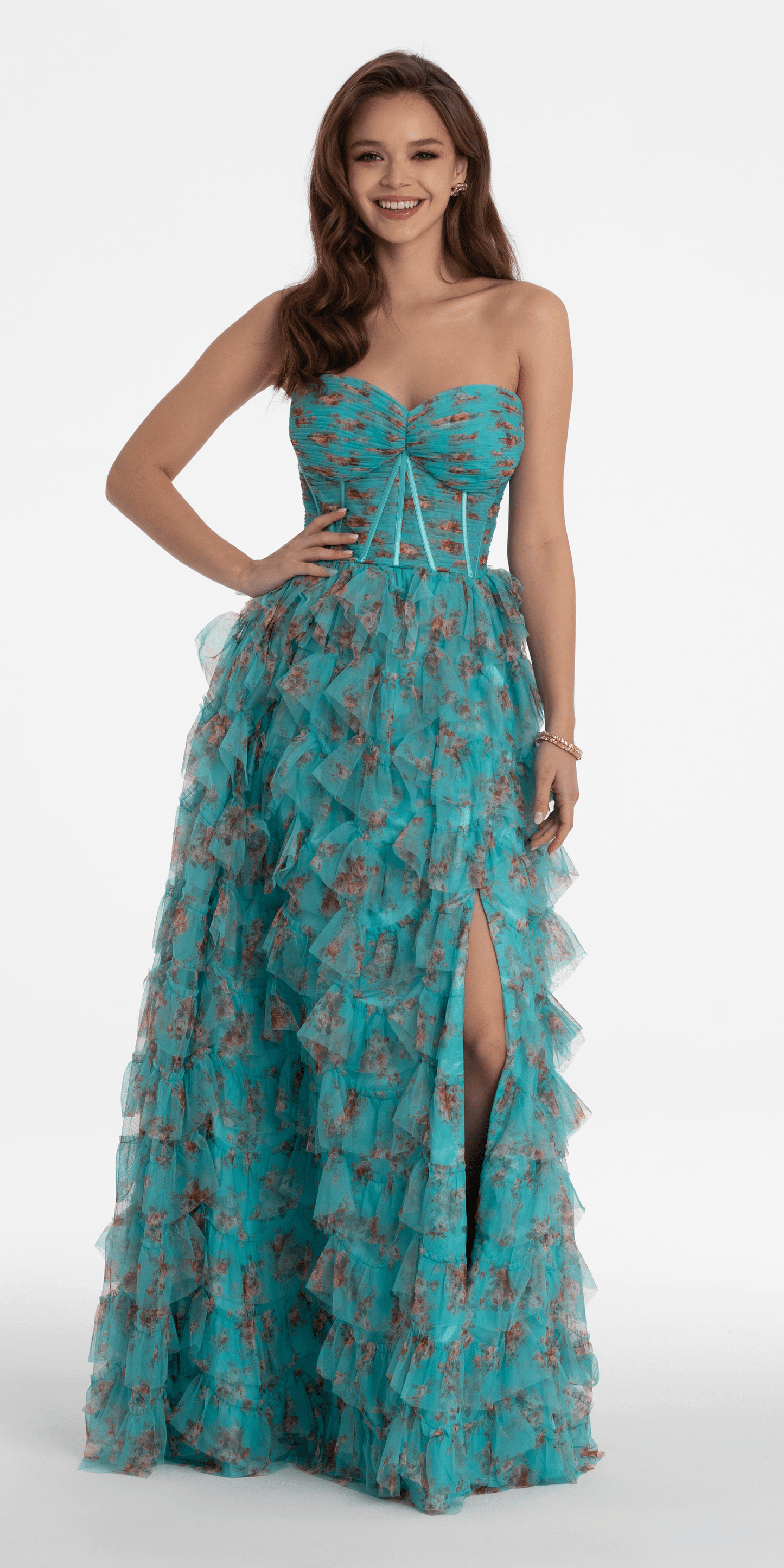 Camille La Vie/ Sweetheart Ruched Print Mesh Tiered A Line Dress/ missy /size /0 /sea green/ lifestyle /front