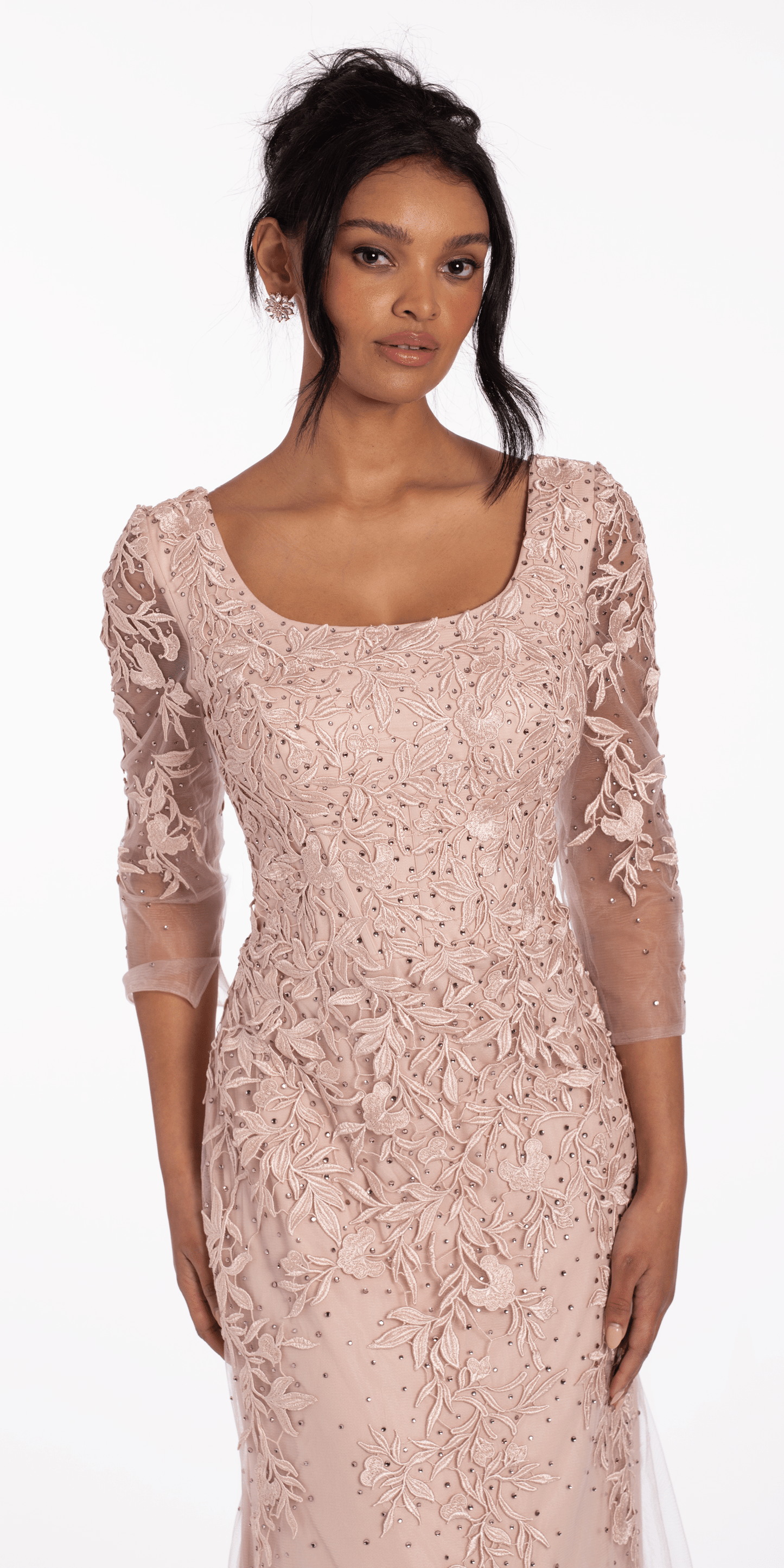Camille La Vie /3/4 Sleeve Mesh Embroidered Column Dress with Heat Set Beads/ missy /size/ 6 / victorian lilac/ close up