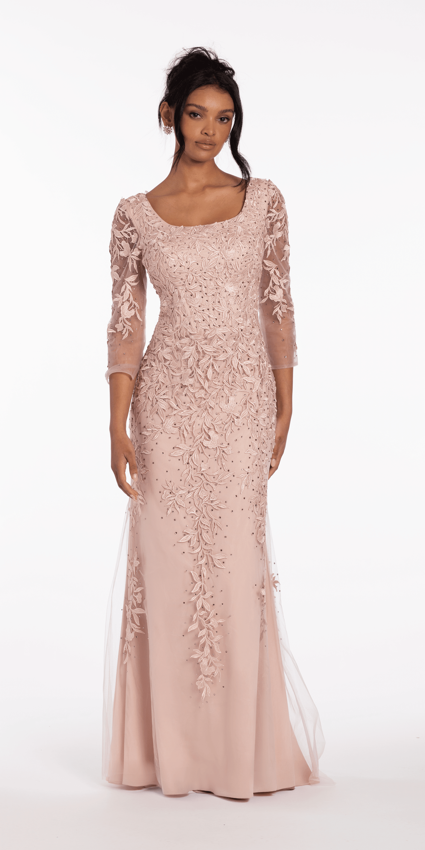 Camille La Vie /3/4 Sleeve Mesh Embroidered Column Dress with Heat Set Beads/ missy /size/ 6 / victorian lilac/front 2