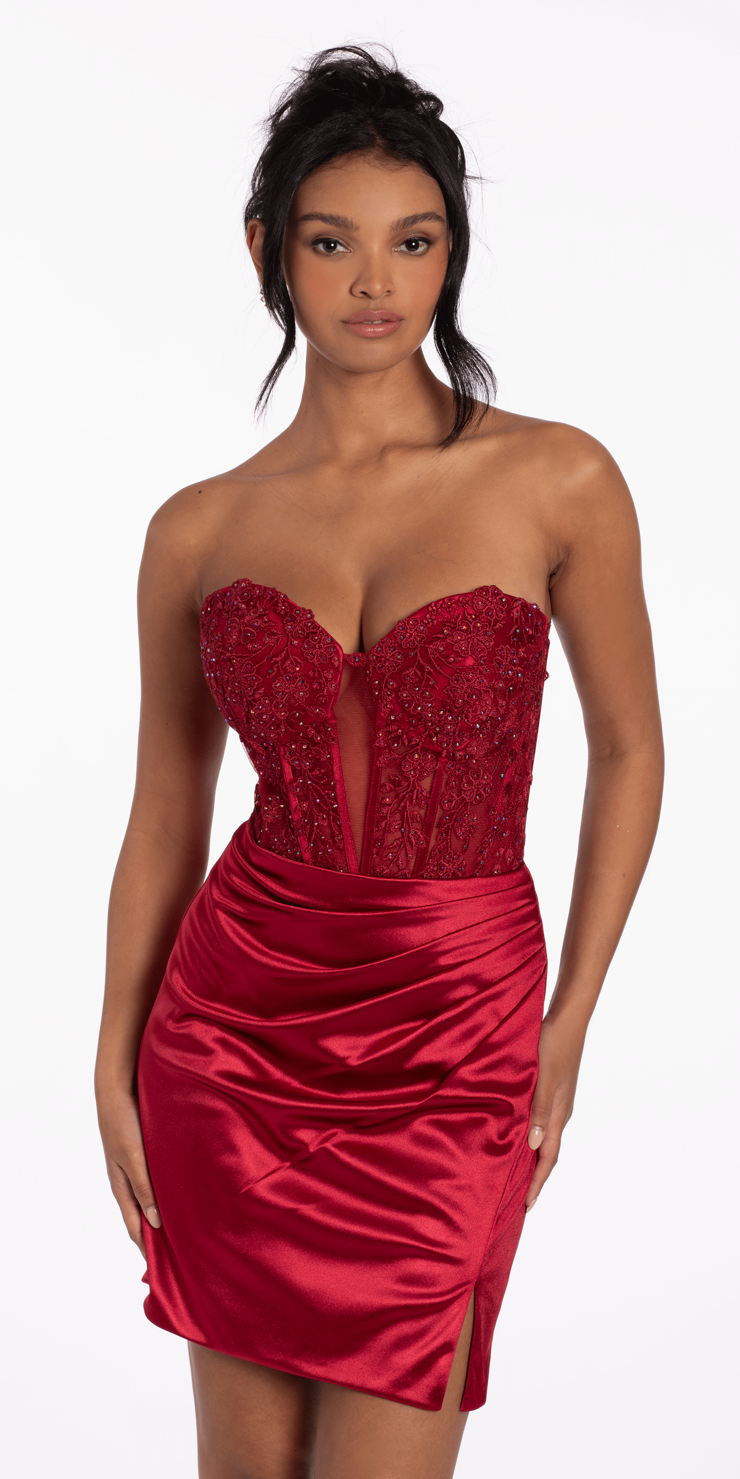 Lace Embroidered Strapless Satin Sweetheart Corset Bodycon Dress missy / 4 / wine