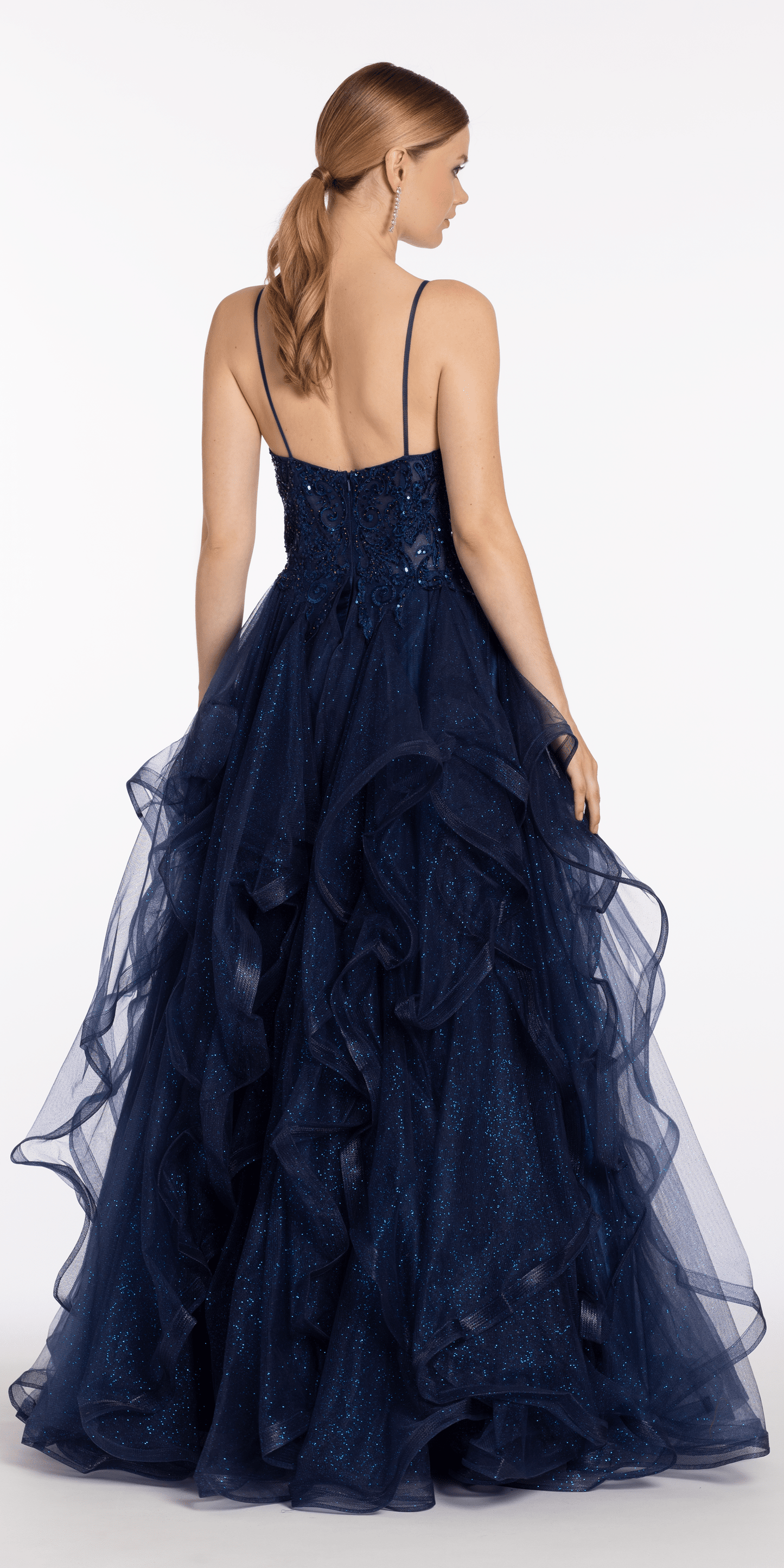 Camille La Vie /Sequin Plunge Corset Tulle Tiered Ballgown/ missy / size / 0 / navy/back