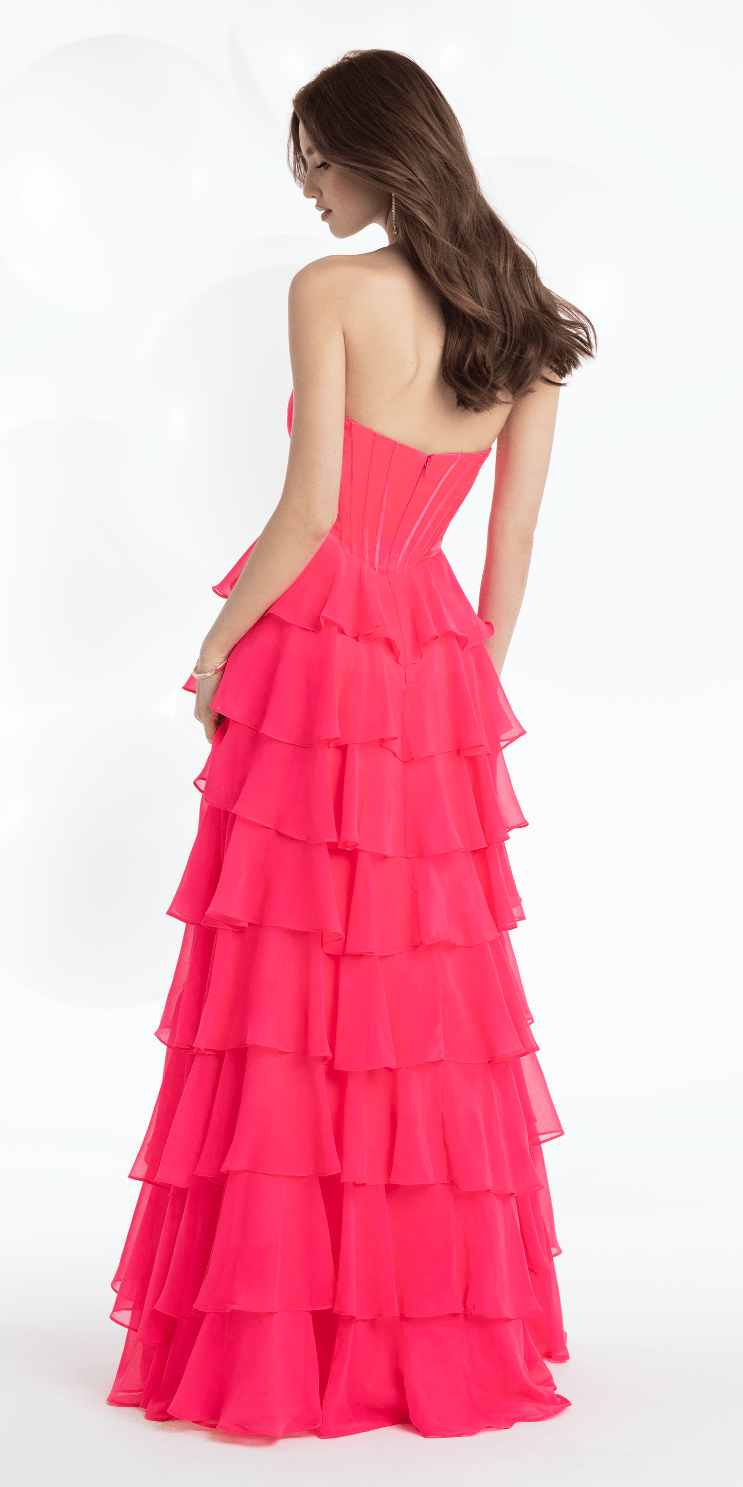 bright-pink/size/4/missy/Camille La Vie/Strapless Beaded Drape Chiffon Corset A Line Dress with Tiers/back