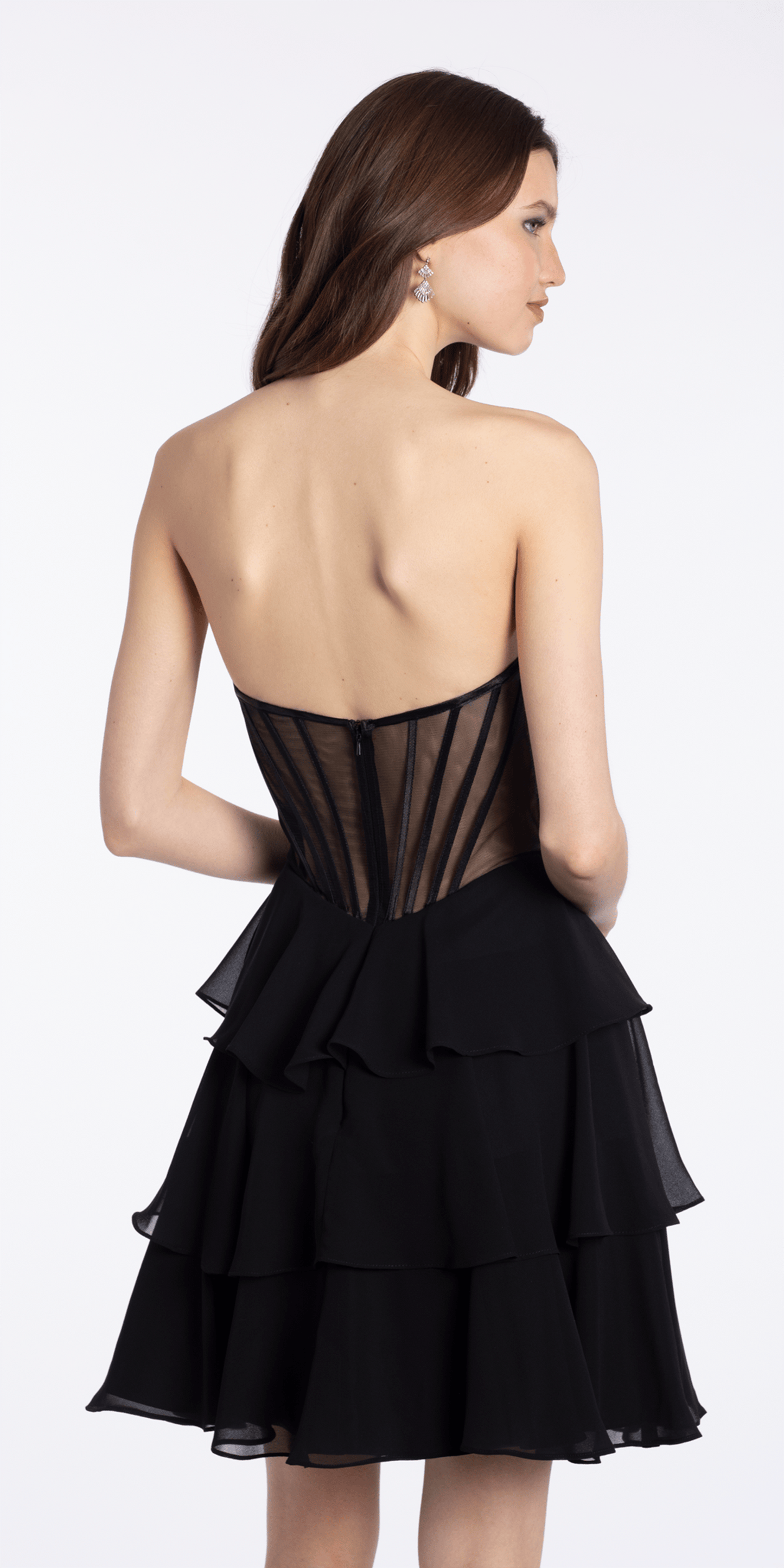 black/size/4/missy/Camille La Vie//Rhinestone Drape Neck Corset Fit and Flare Dress with Chiffon Tiers/back