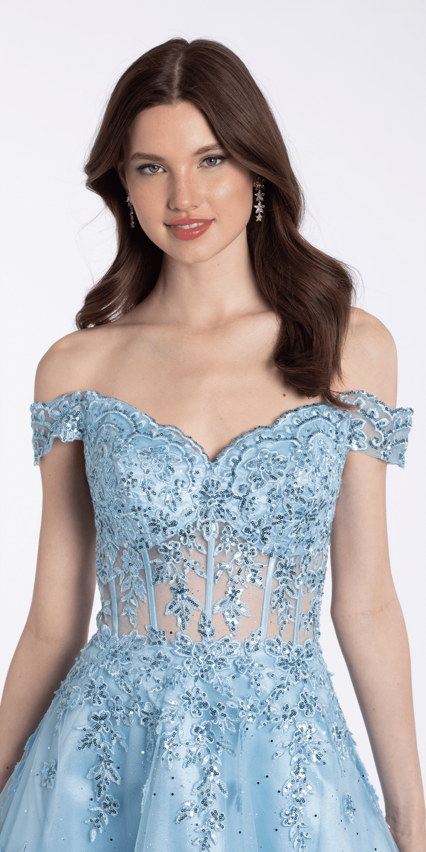 Camille La Vie Off the Shoulder Corset Fit and Flare Dress with Scallop Hem