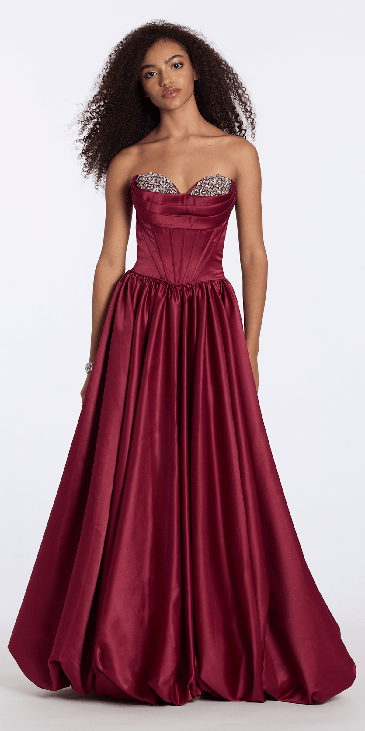 wine/size/2/missy/Camille La Vie/Satin Rhinestone Strapless Corset Ballgown with Bubble Hem/front