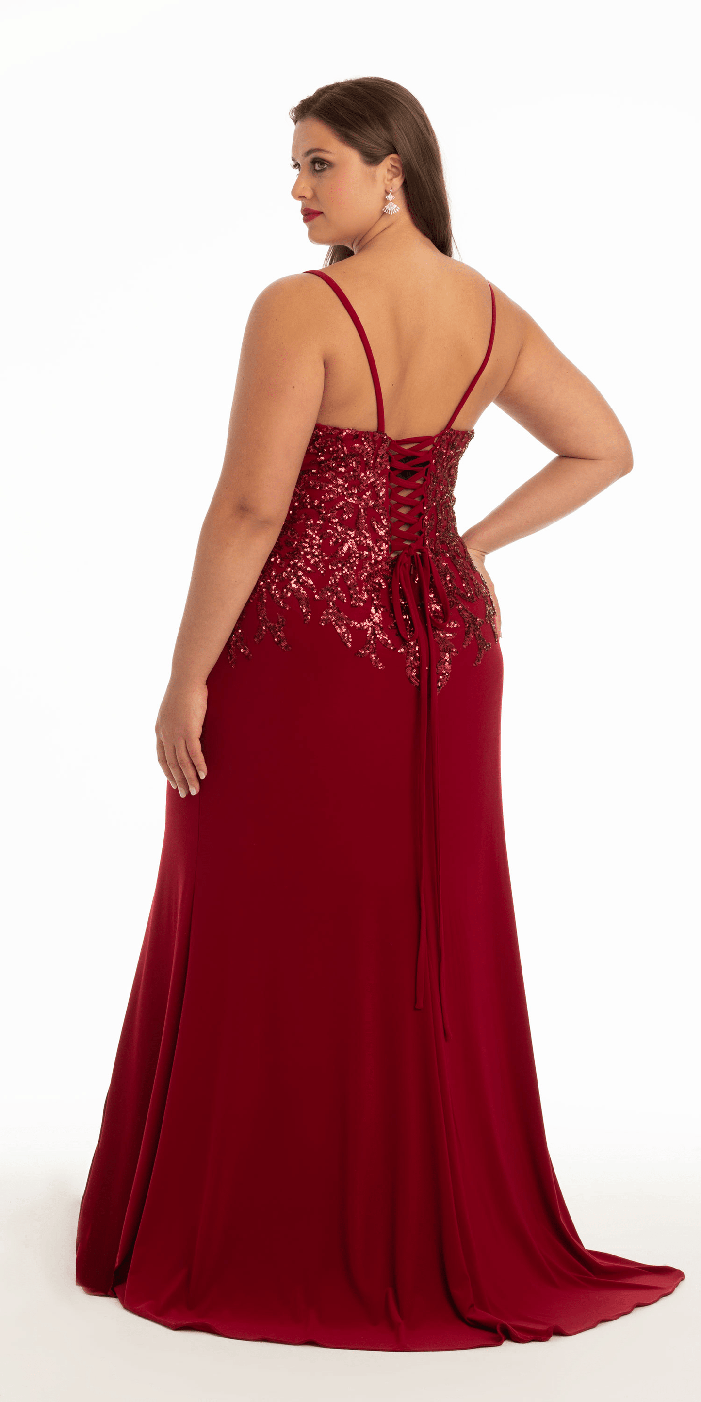 wine Size 14 plus Camille La Vie Jersey Tonal Sequin Dress with Side Slit