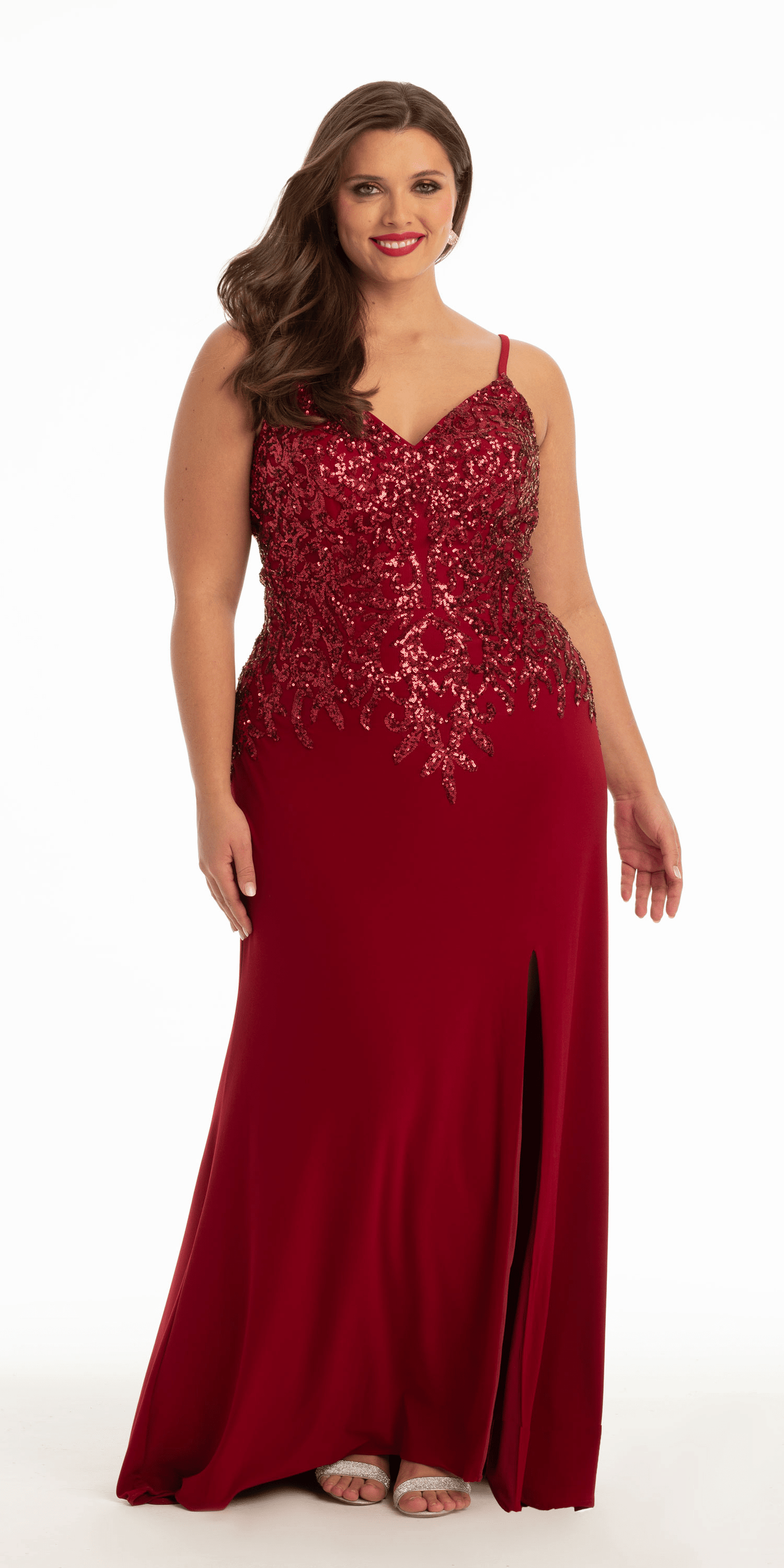 wine Size 14 plus Camille La Vie Jersey Tonal Sequin Dress with Side Slit