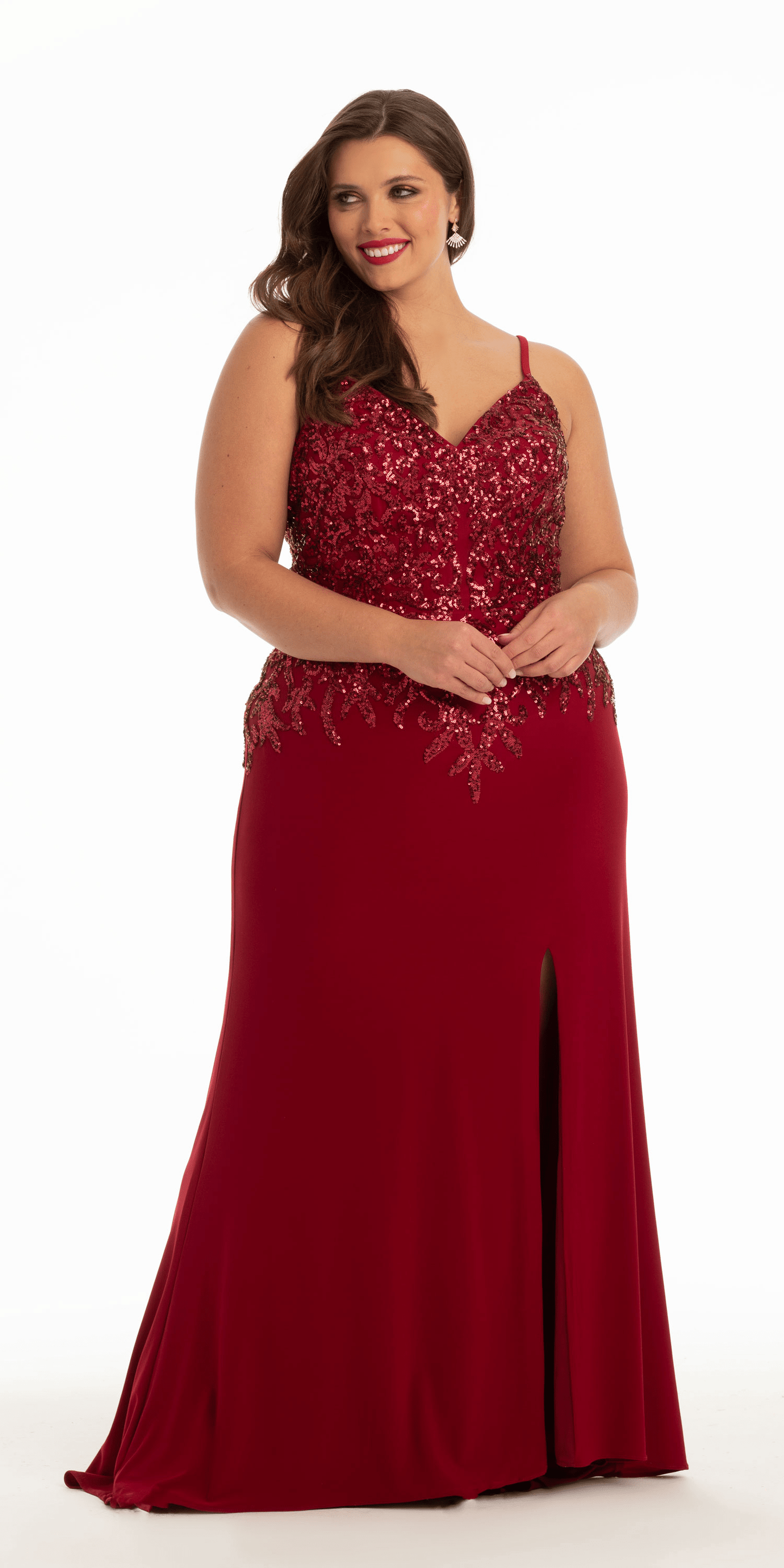 wine Size 14 plus Camille La Vie Jersey Tonal Sequin Dress with Side Slit