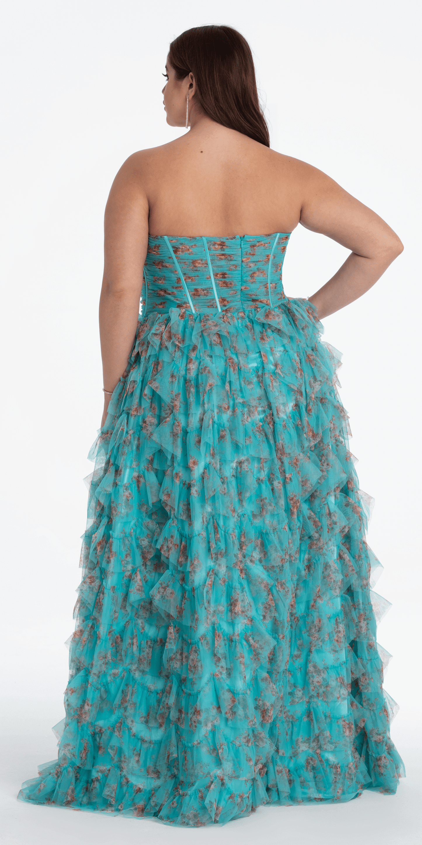 Camille La Vie/ Sweetheart Ruched Print Mesh Tiered A Line Dress/ plus/size /16 /sea green/back