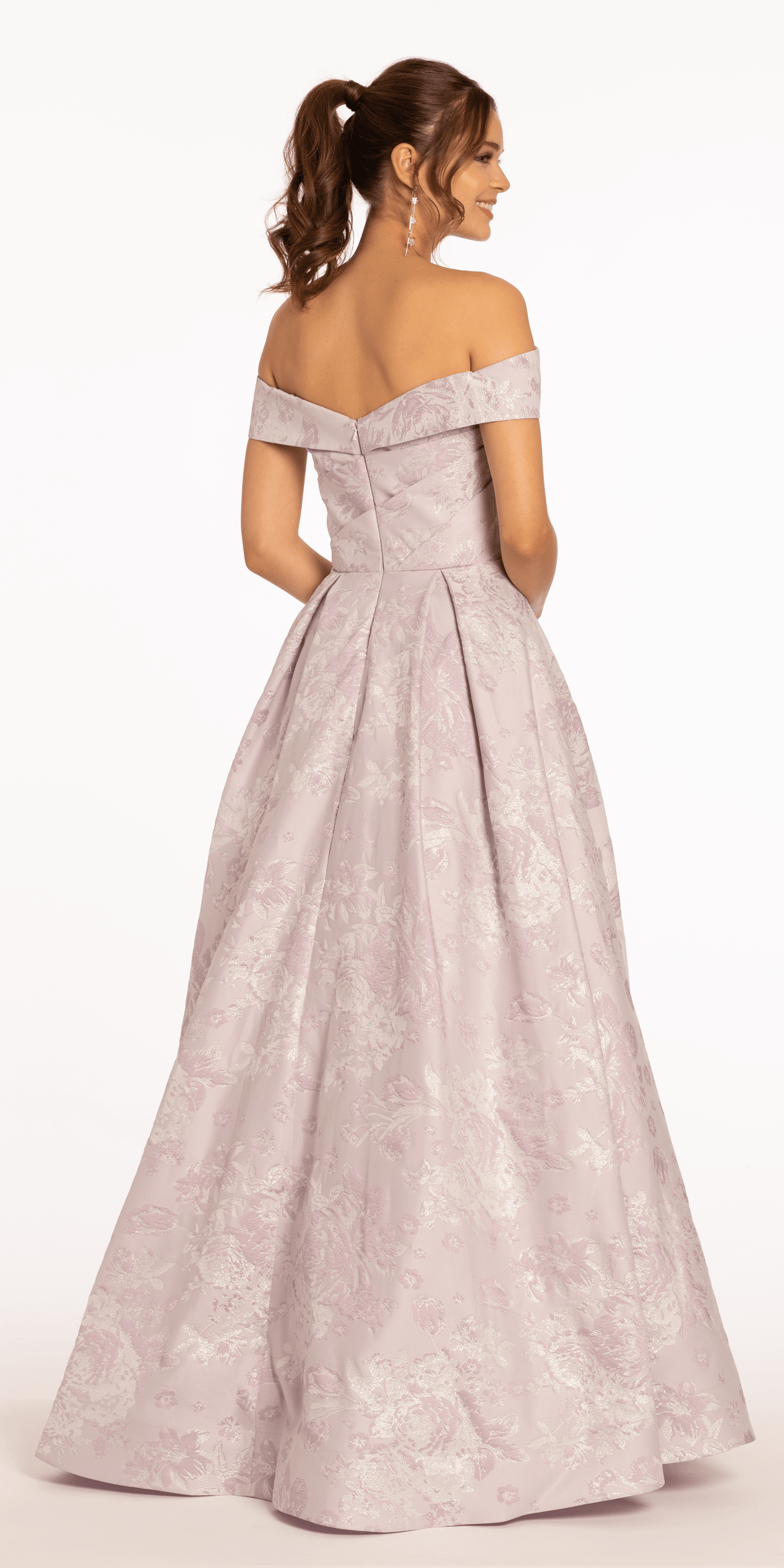 lilac-silver/size/0/missy/Camille La Vie/Off the Shoulder Floral Jacquard Ballgown with Pockets/back alt