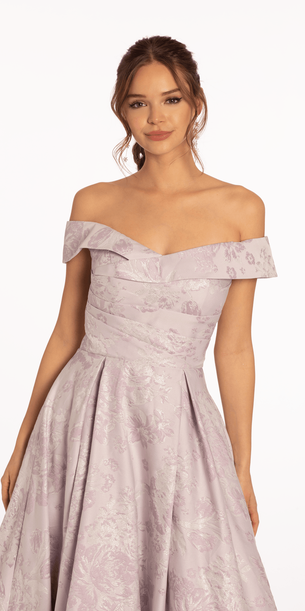 Shop Formal Dress - Off the Shoulder Floral Jacquard Ballgown with Pockets fourth image