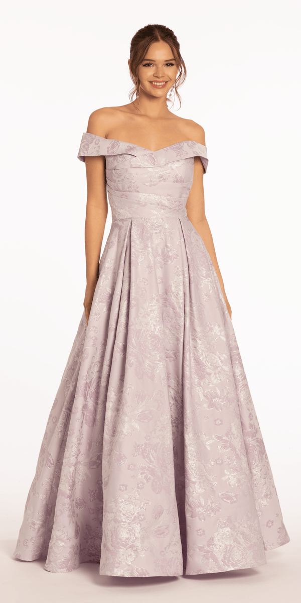 Shop Formal Dress - Off the Shoulder Floral Jacquard Ballgown with Pockets third image