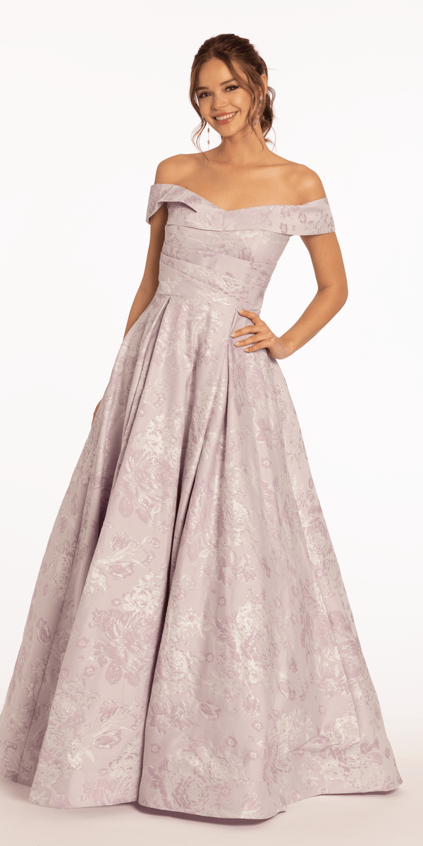 Shop Formal Dress - Off the Shoulder Floral Jacquard Ballgown with Pockets featured image