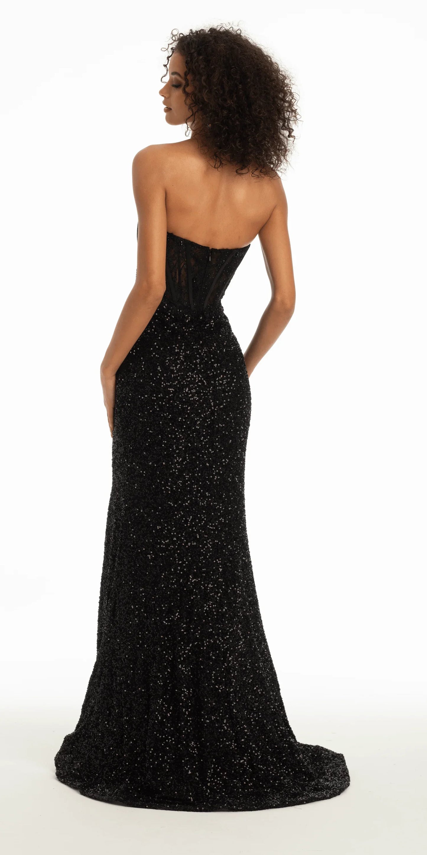 black/size/4/ missy/Camille La Vie/Beaded Illusion Sweetheart Trumpet Dress with Side Slit/back 1