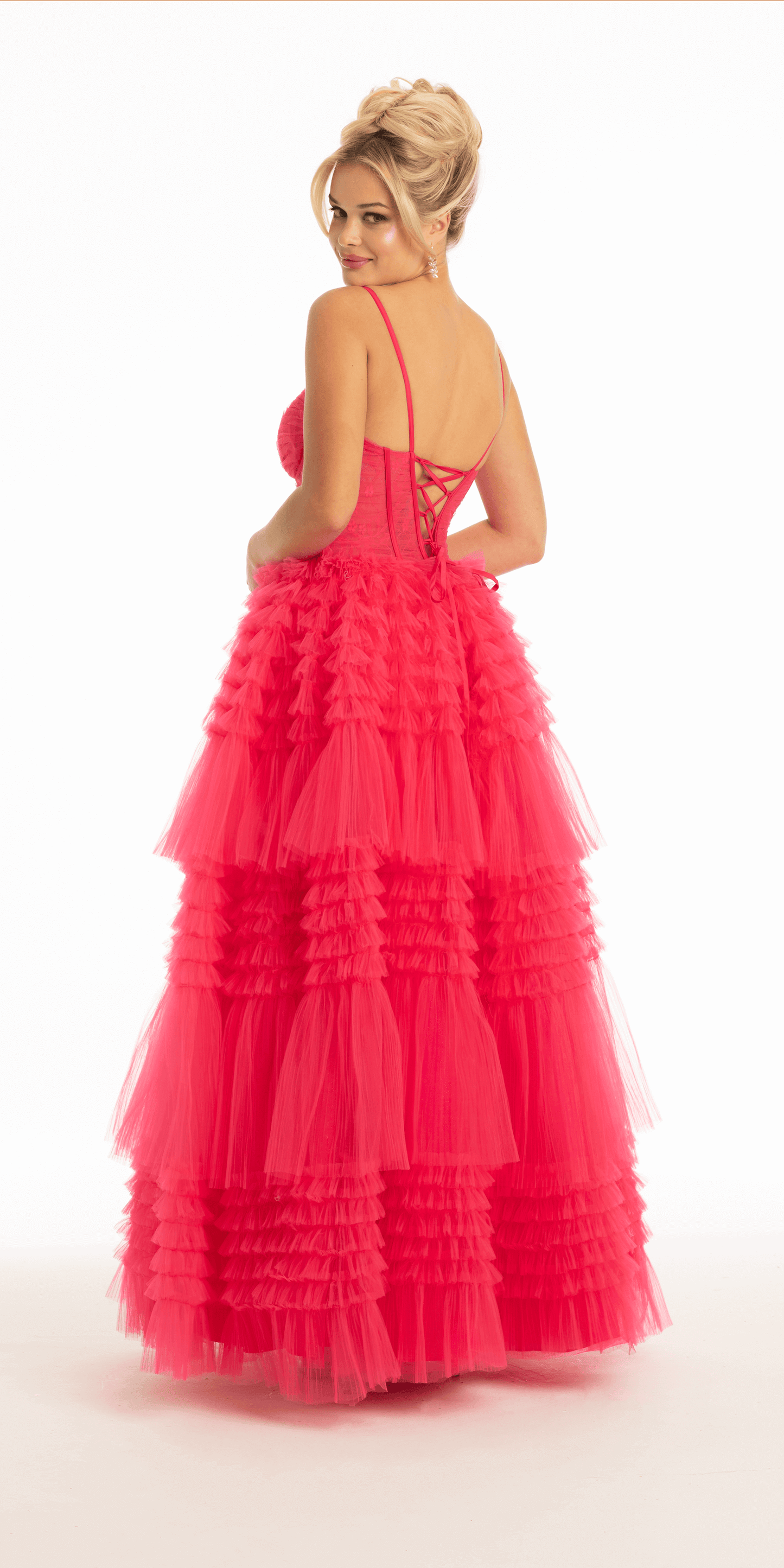 bright-pink/size/2/missy/Camille La Vie/Lace Corset Tulle Tiered Ballgown/back