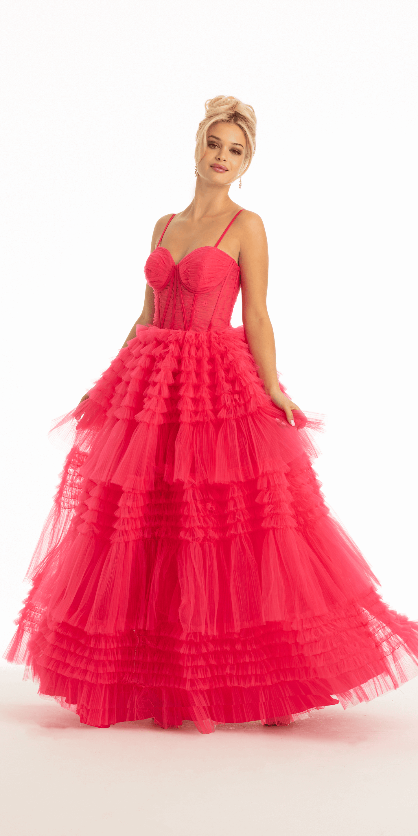 bright-pink Size 0 missy Camille La Vie Lace Corset Tulle Tiered Ballgown