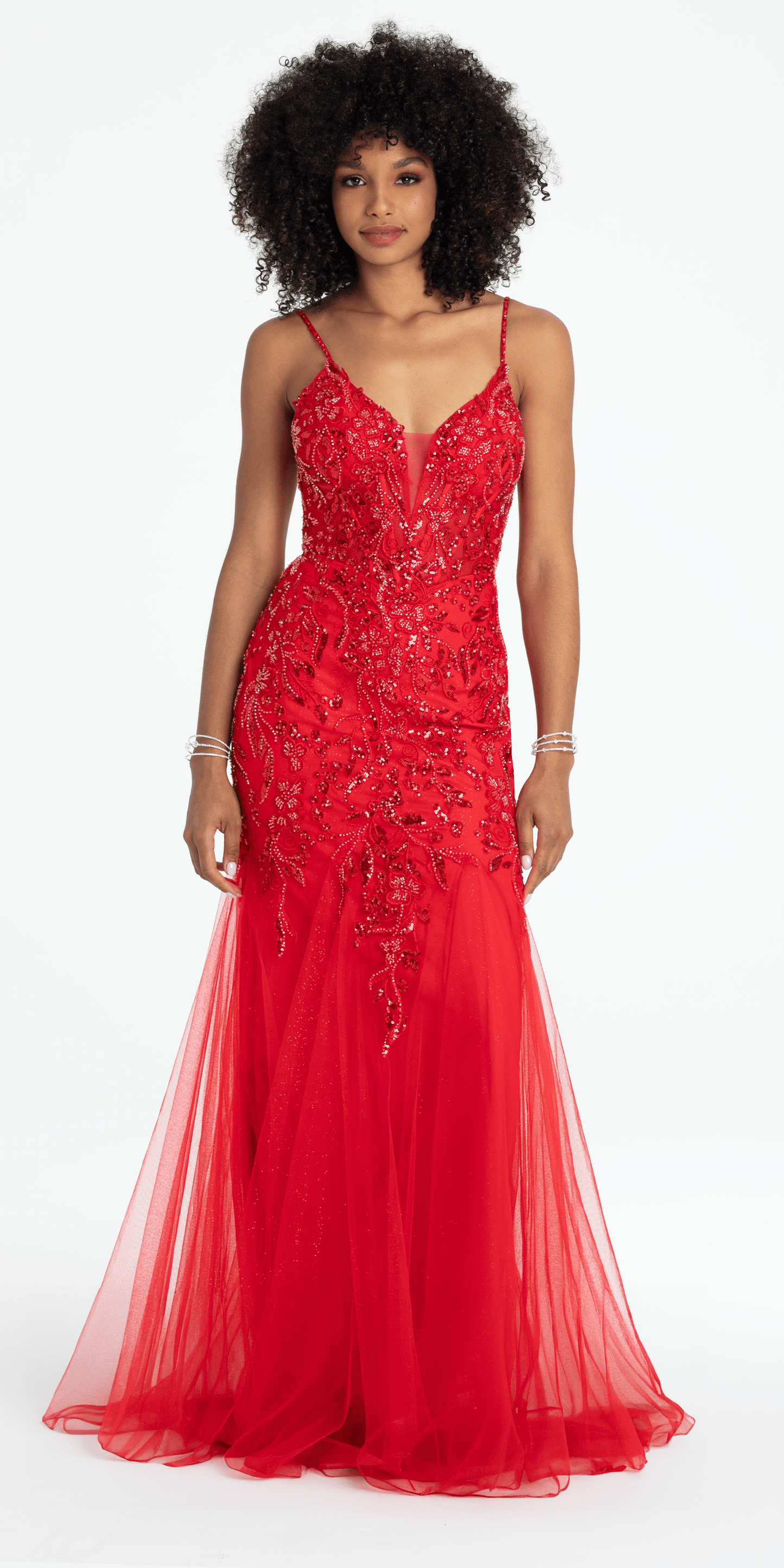 Camille La Vie /Beaded Embellished Plunging Glitter Mermaid Dress with Mesh Godets/ missy /size/ 0 /red/front