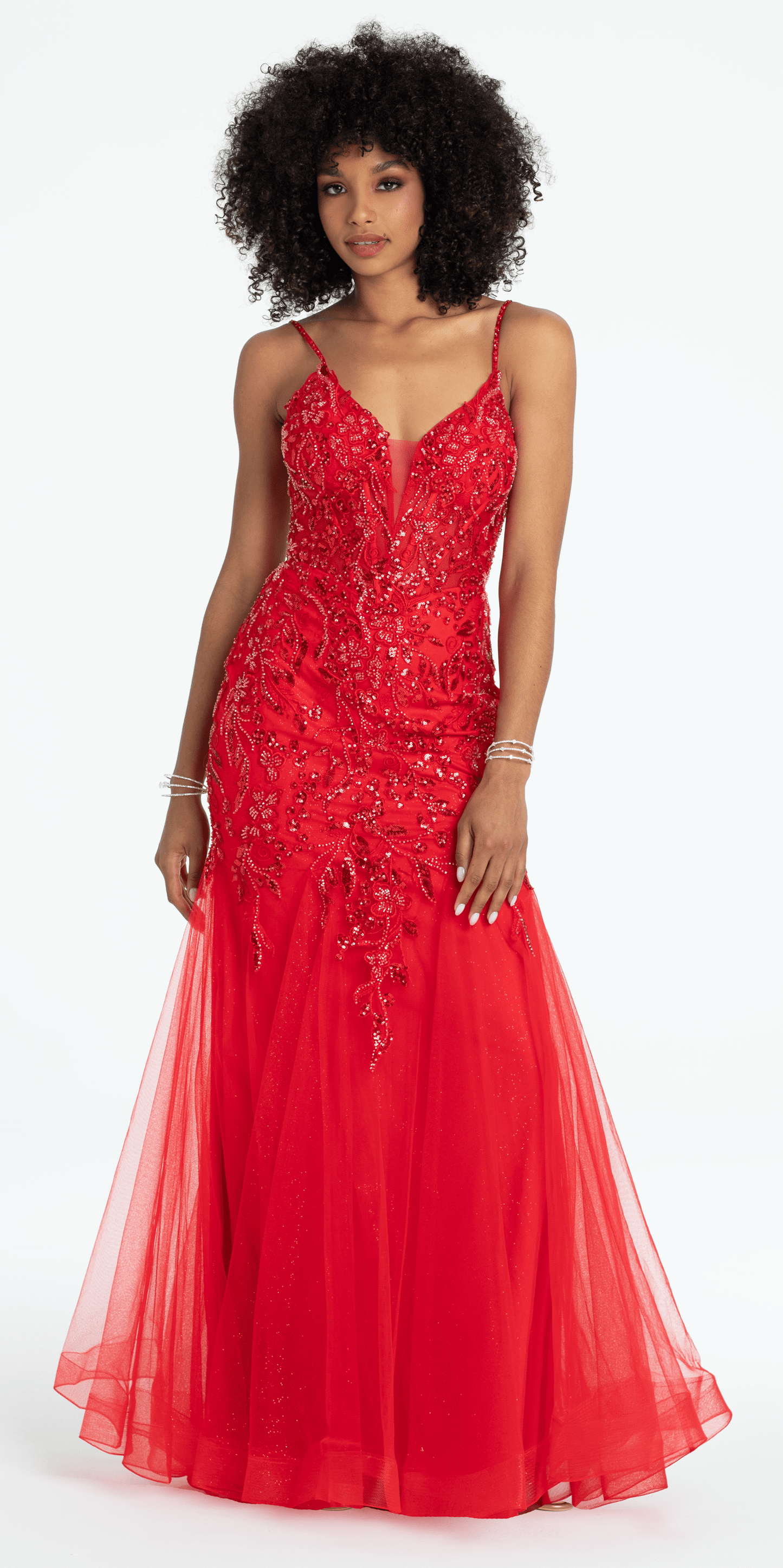 Camille La Vie /Beaded Embellished Plunging Glitter Mermaid Dress with Mesh Godets/ missy /size/ 0 /red/ front alt