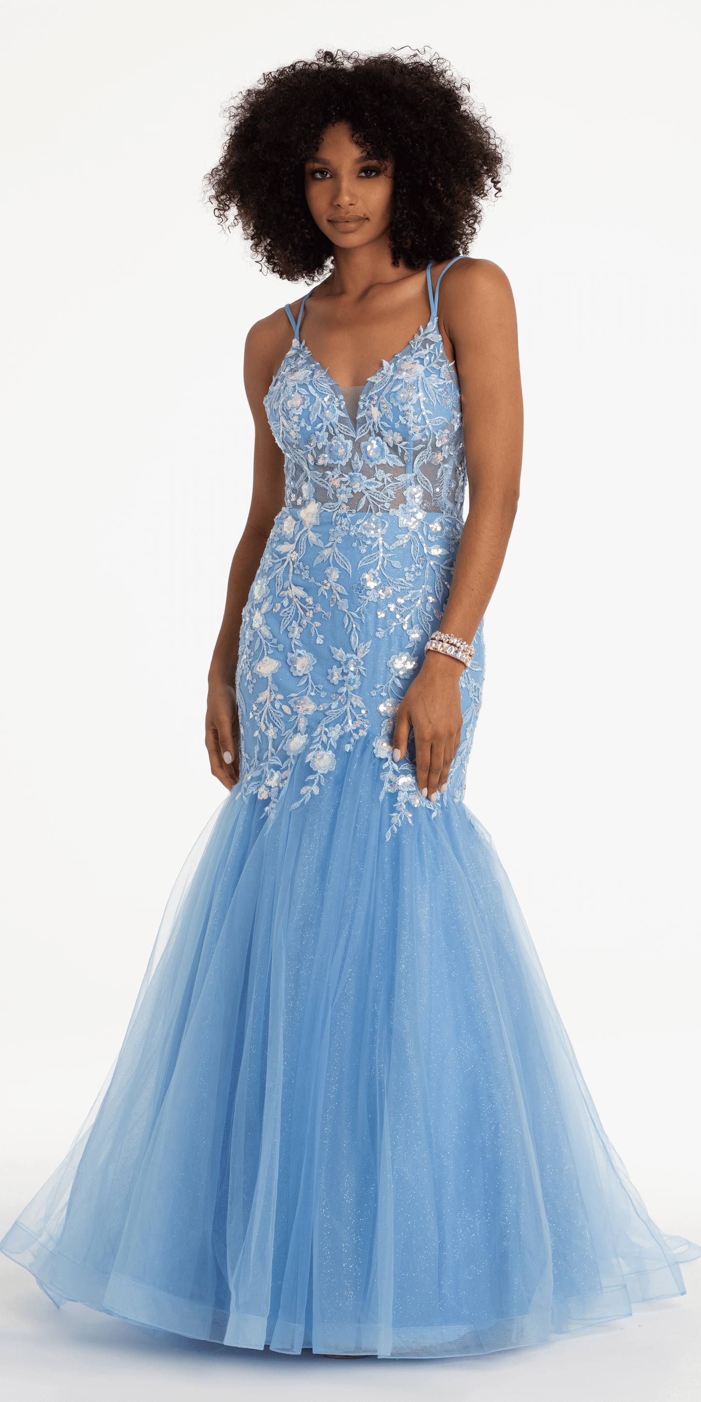 Camille La Vie/ Floral Embroidered Plunging Tulle Mermaid Dress with Horse Hair Hem/ missy/ size /2 /baby blue /alt