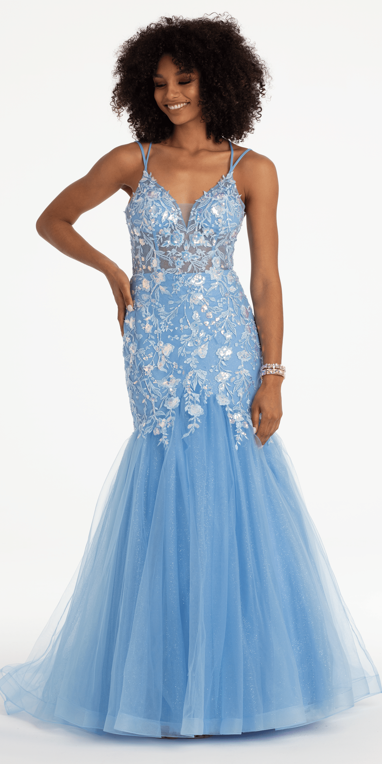 baby-blue Size 00 missy Camille La Vie Floral Embroidered Plunging Tulle Mermaid Dress with Horse Hair Hem