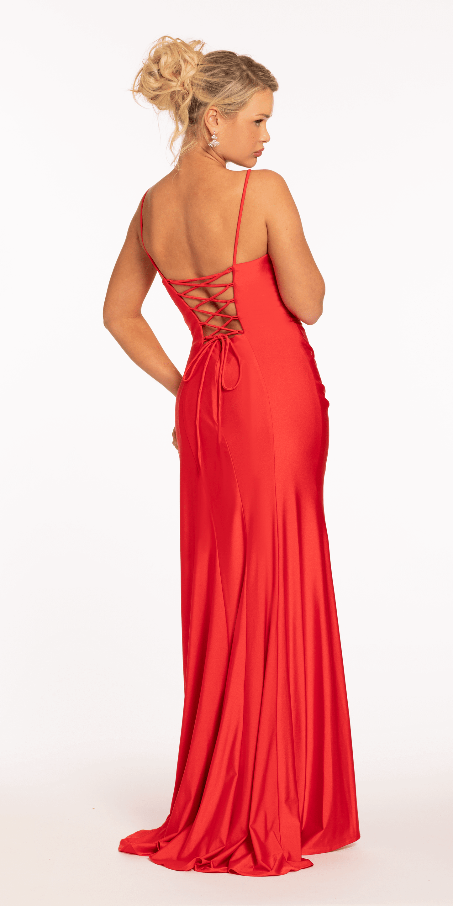 Camille La Vie/ Stretch Satin Beaded Column Dress with Side Cascade /missy /size /2/ red/ back