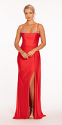 Stretch Satin Beaded Column Dress with Side Cascade Image 1