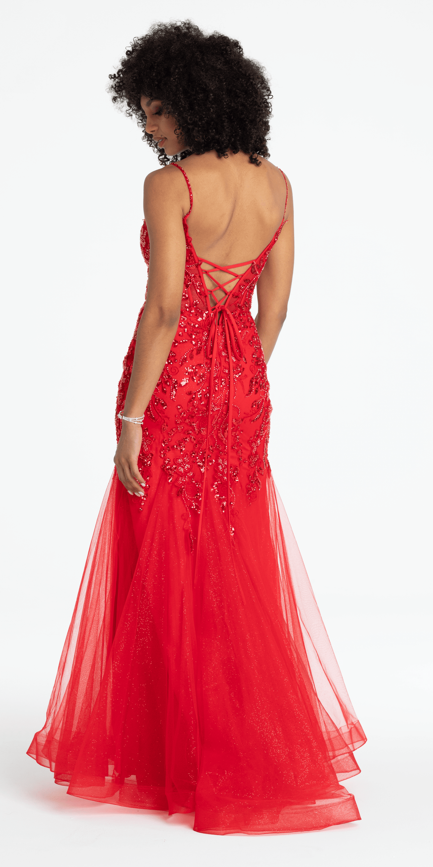 Camille La Vie /Beaded Embellished Plunging Glitter Mermaid Dress with Mesh Godets/ missy /size/ 0 /red/ back