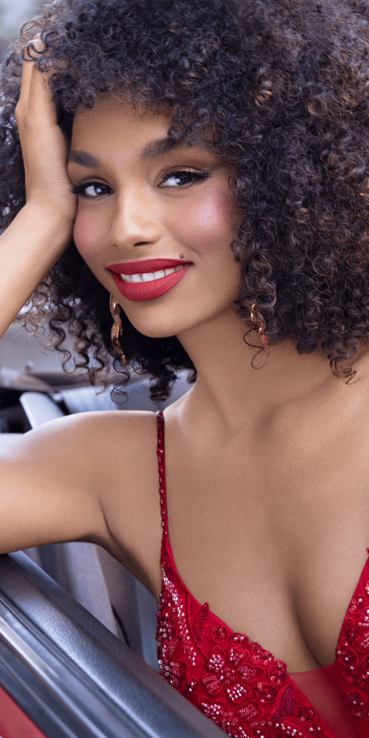Camille La Vie /Beaded Embellished Plunging Glitter Mermaid Dress with Mesh Godets/ missy /size/ 0 /red/ lifestyle alt