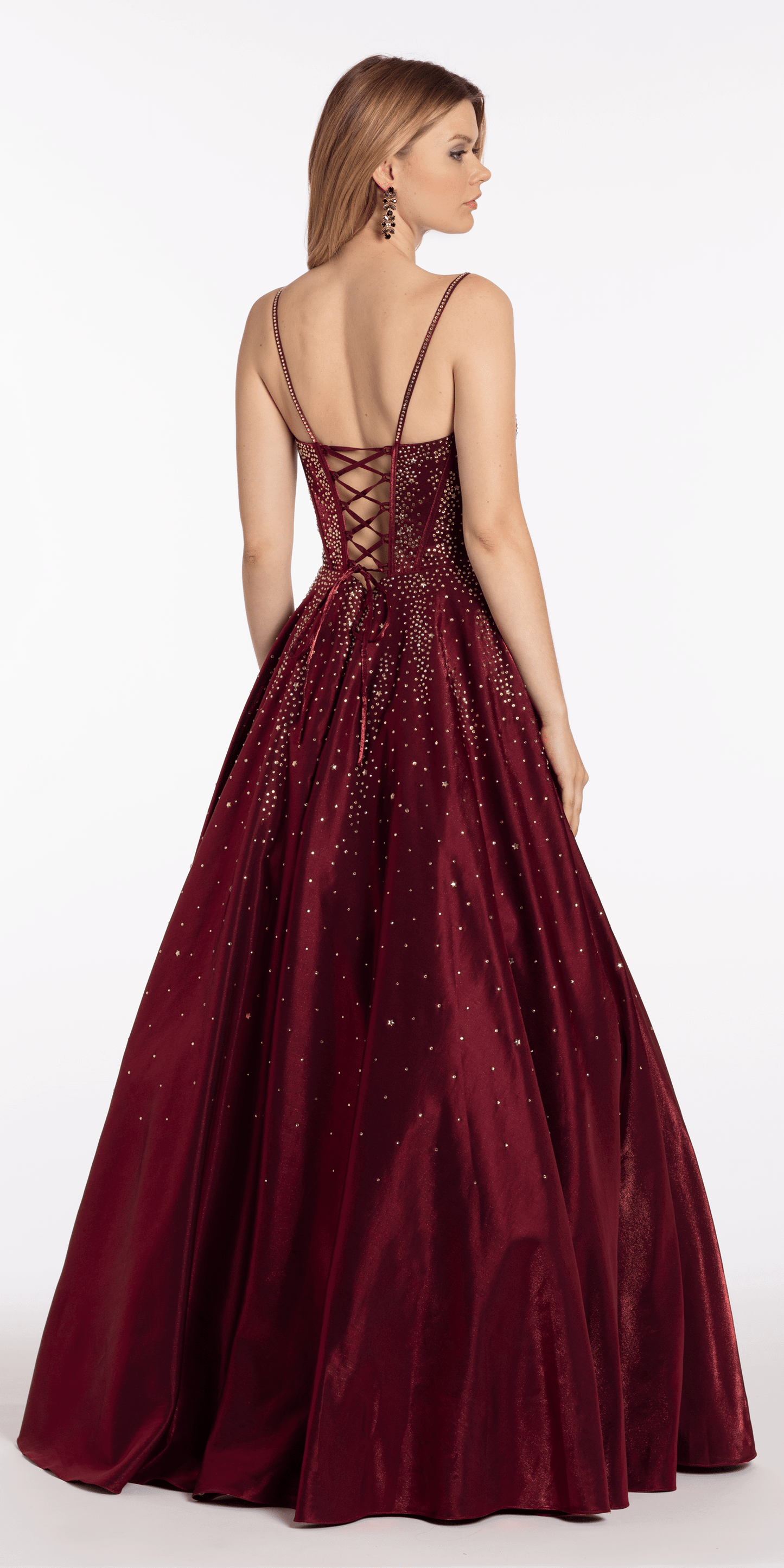 wine/size/0/missy/Camille La Vie/Satin Plunge Corset Ballgown with Heat Set Stones/back