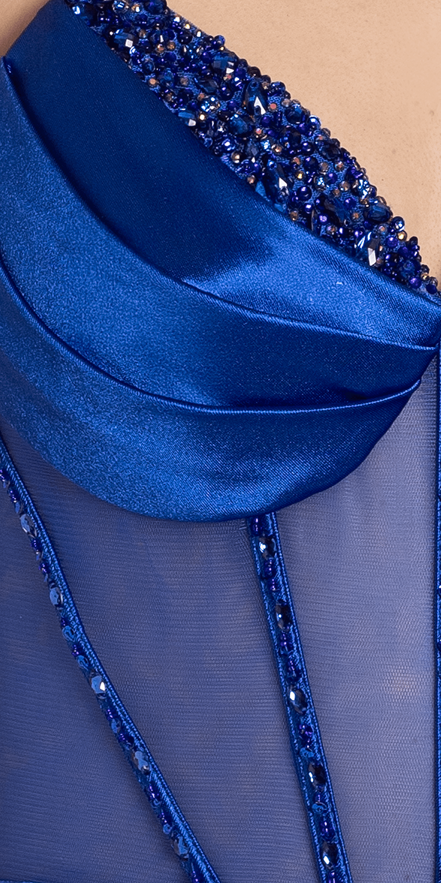 royal-blue/size/6/missy/Camille La Vie/Pleated Satin Sweetheart Peek-a-Boo Corset Bodycon Dress