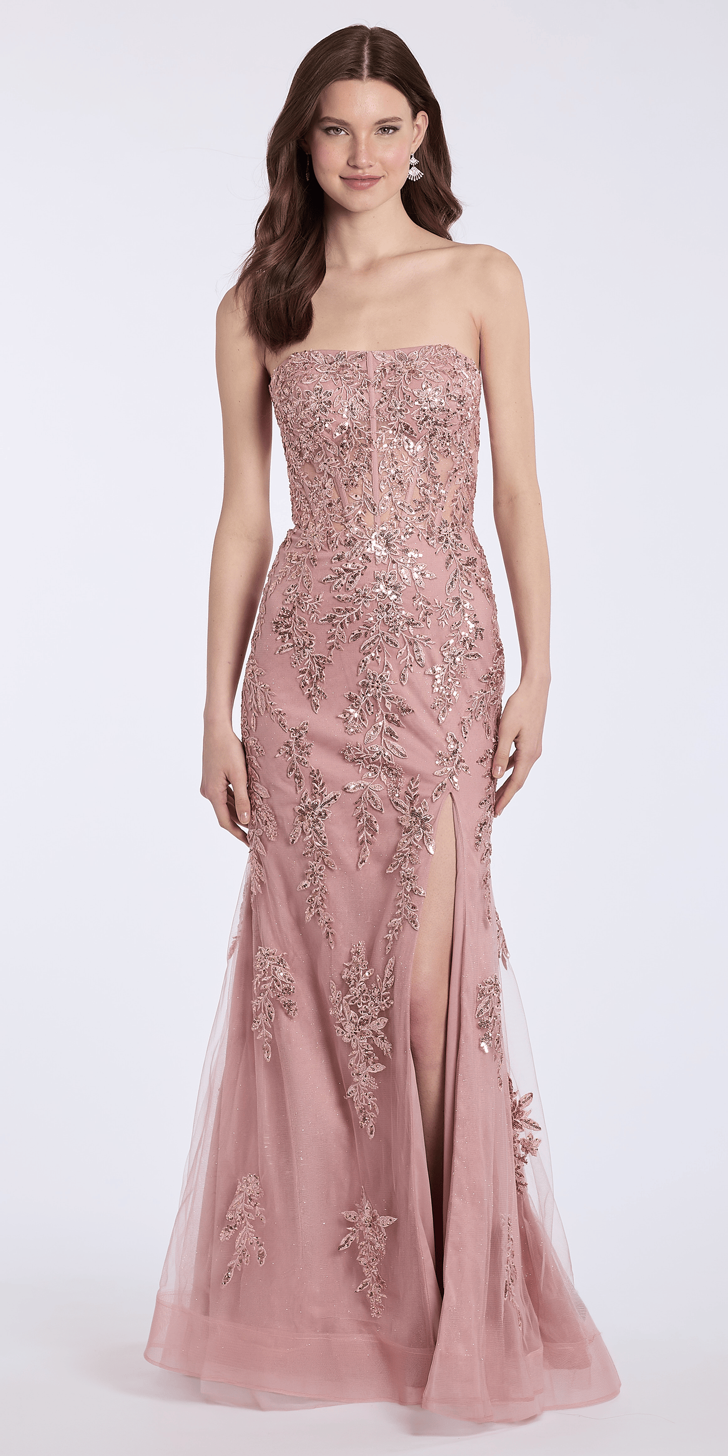 dusty-rose/size/4/missy/Camille La Vie Strapless Mesh Embroidered Sequin Corset Column Dress/front alt