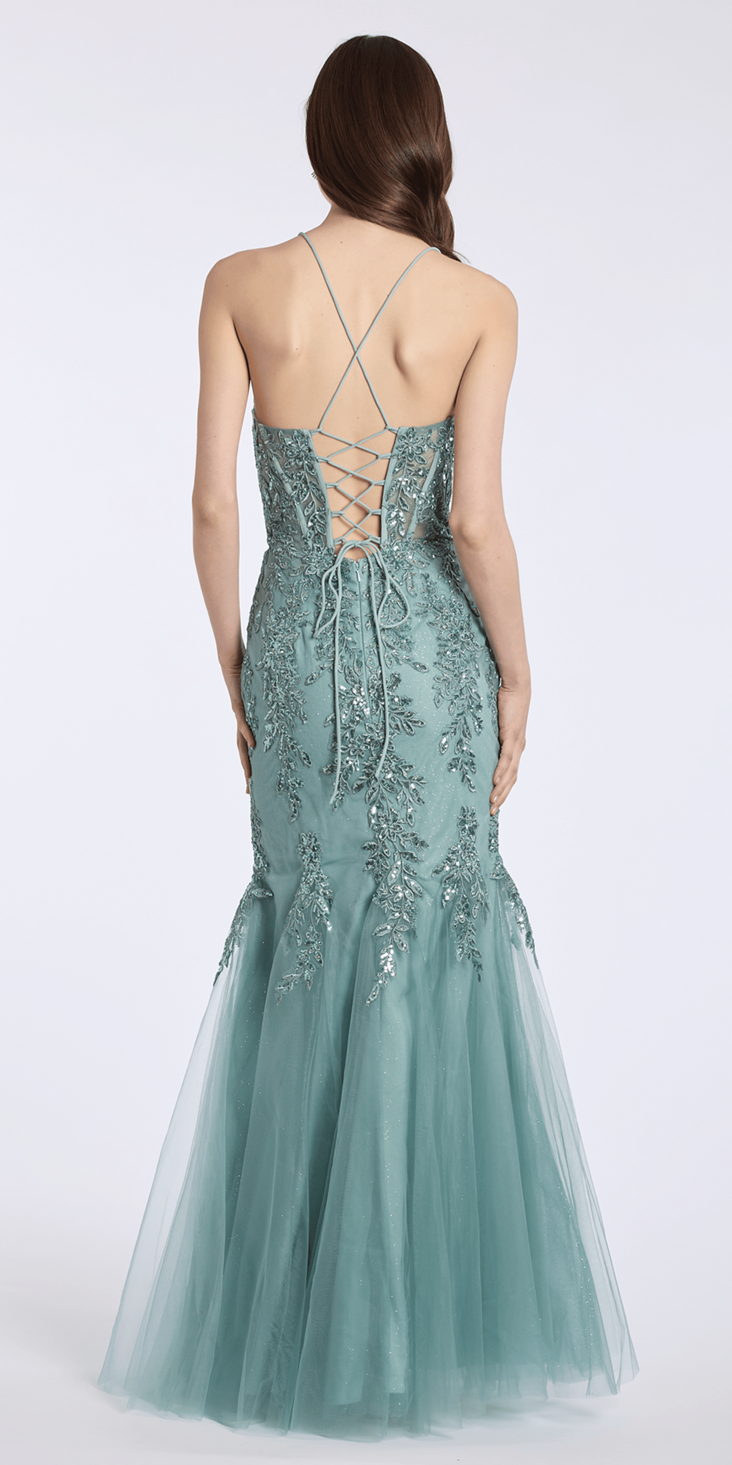 sage/size/4/missy/Camille La Vie Sweetheart Embroidered Glitter Tulle Corset Mermaid Dress with Godets/back