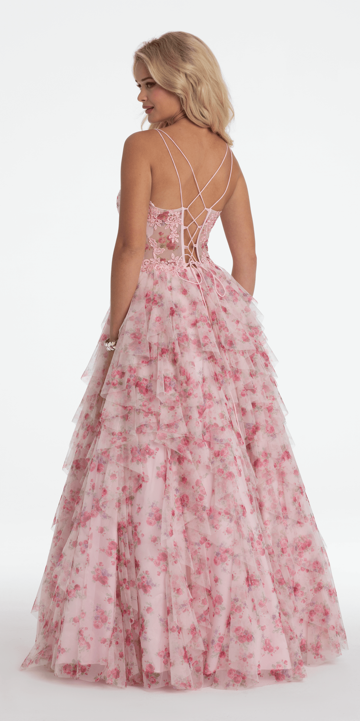 Camille La Vie /Sweetheart Floral Embellished Corset Corkscrew Ballgown/missy/size/0/pink multi/back