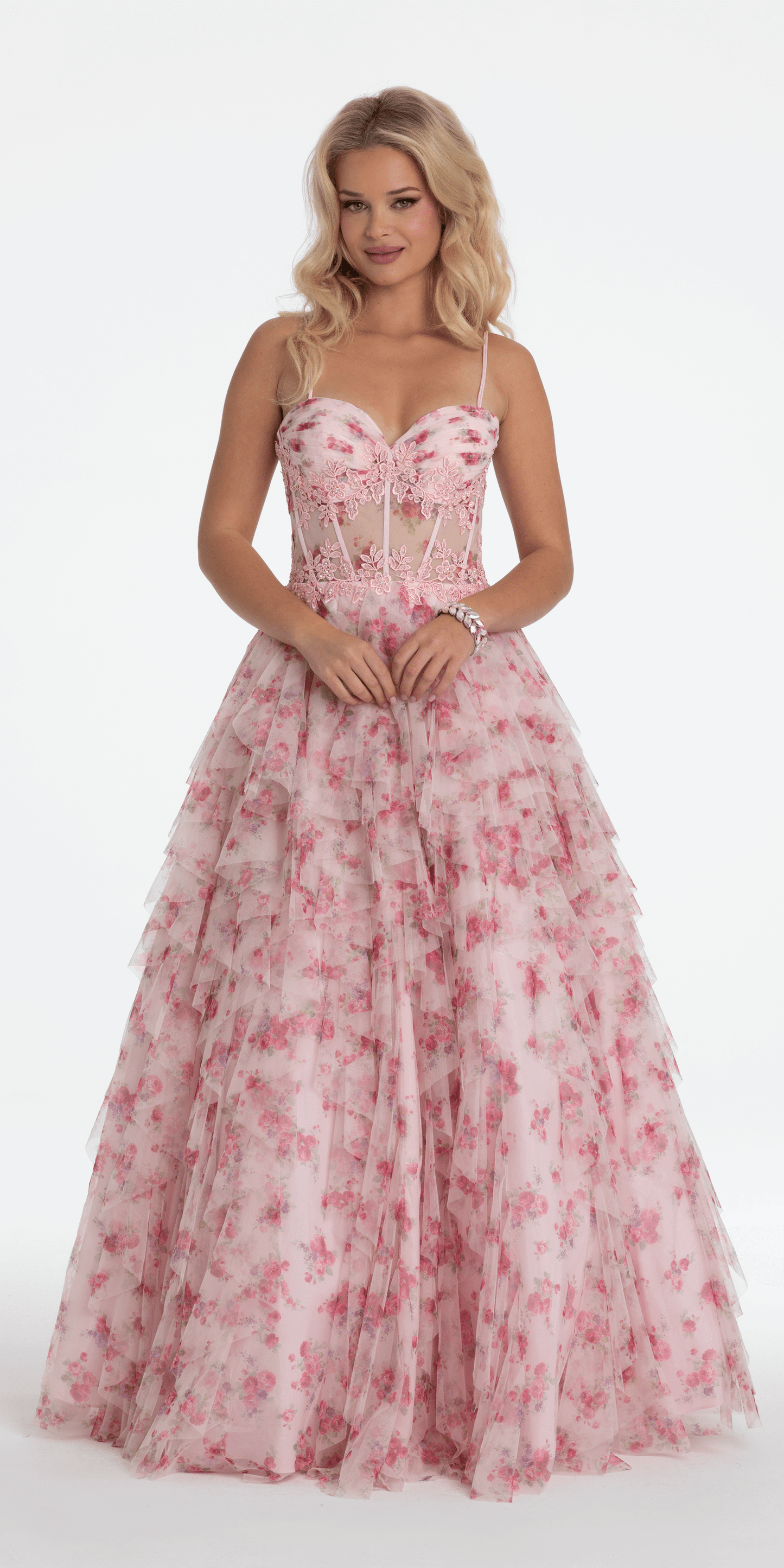 Camille La Vie /Sweetheart Floral Embellished Corset Corkscrew Ballgown/missy/size/0/pink multi/front