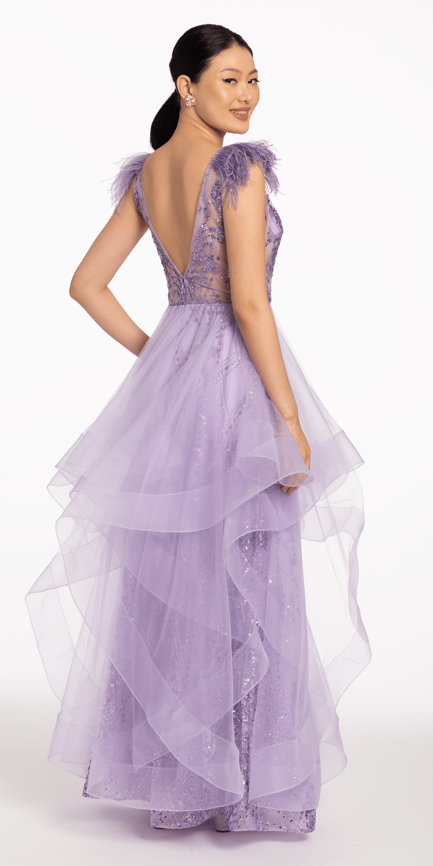 lilac Size 0 petite Camille La Vie Plunging Glitter Tiered Tulle Ballgown with Feathers