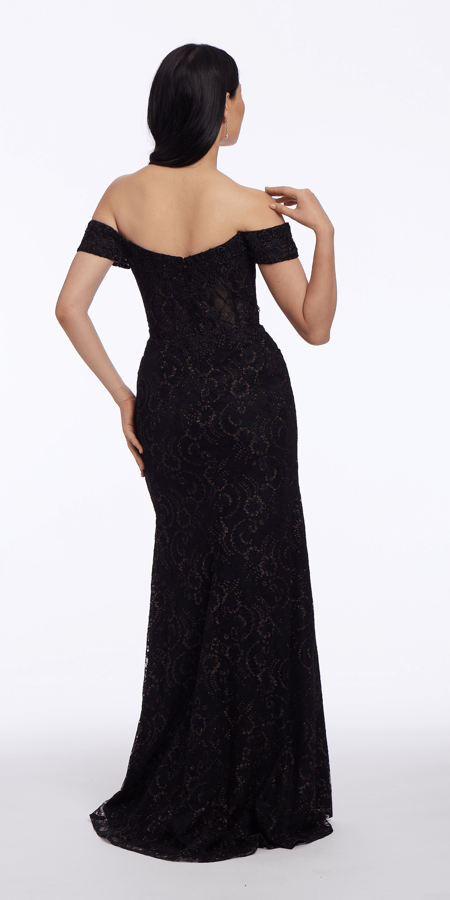 Camille La Vie Metallic Lace Sweetheart Off the Shoulder Trumpet Dress