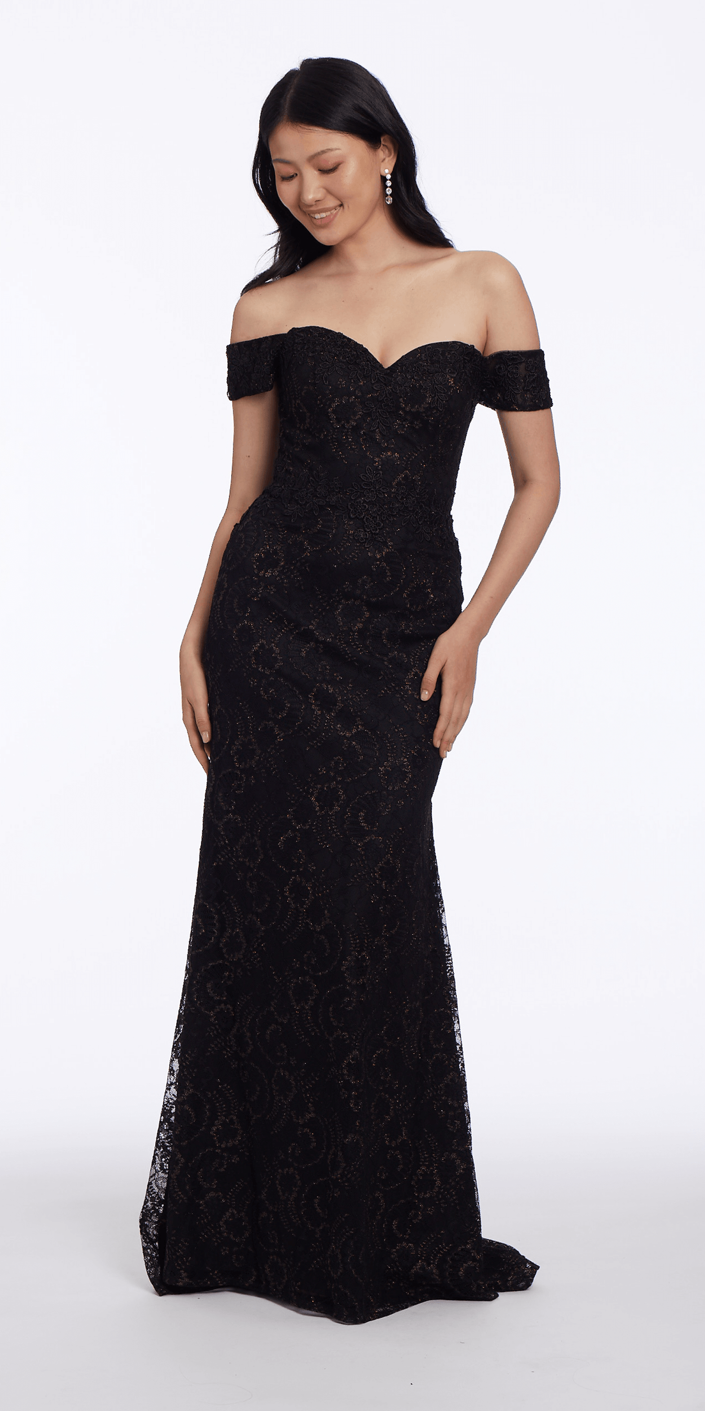 Camille La Vie Metallic Lace Sweetheart Off the Shoulder Trumpet Dress missy / 0 / black-bronze