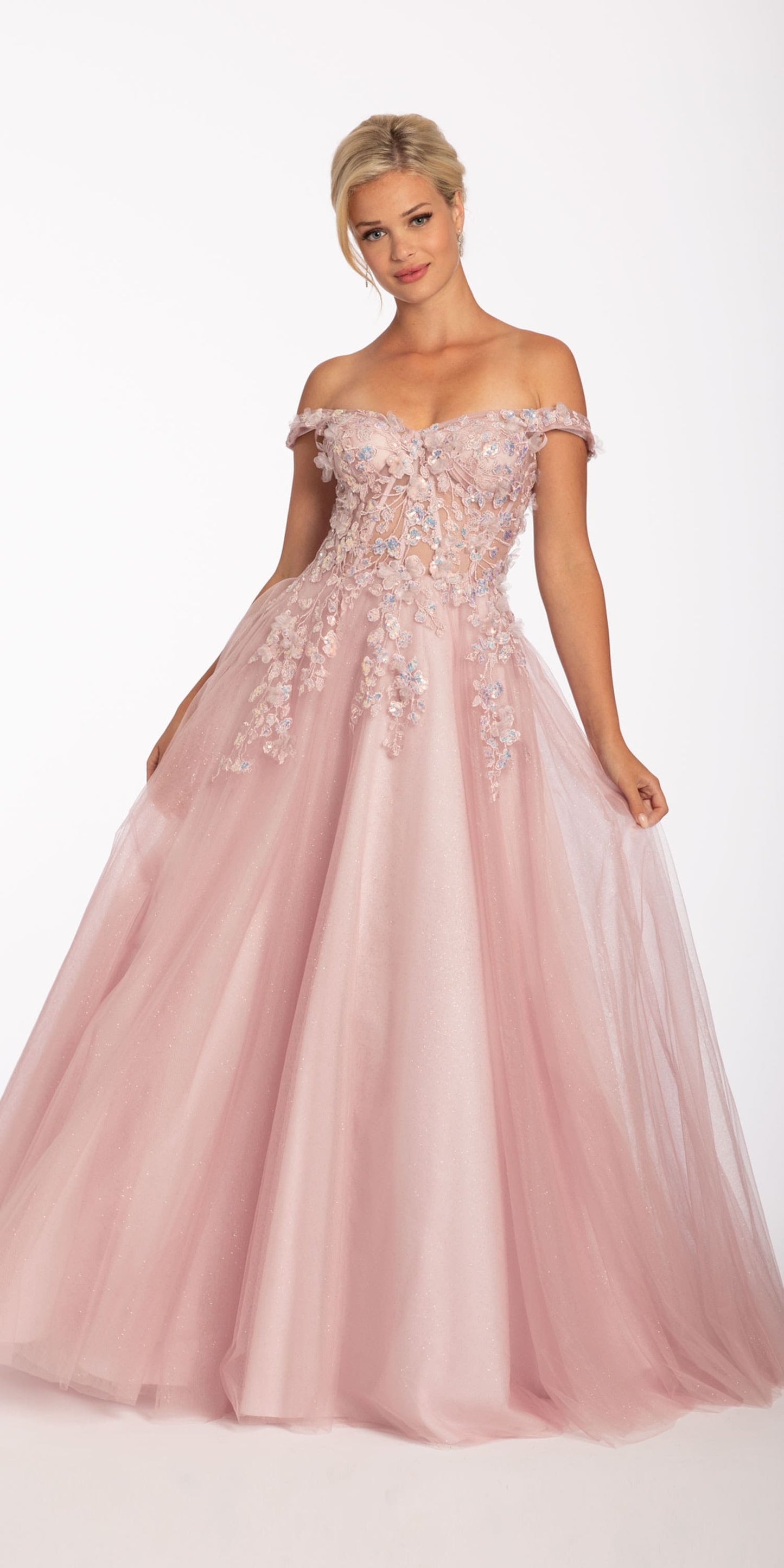 Camille La Vie 3 D Floral Embroidered Off the Shoulder Ballgown missy / 0 / blush
