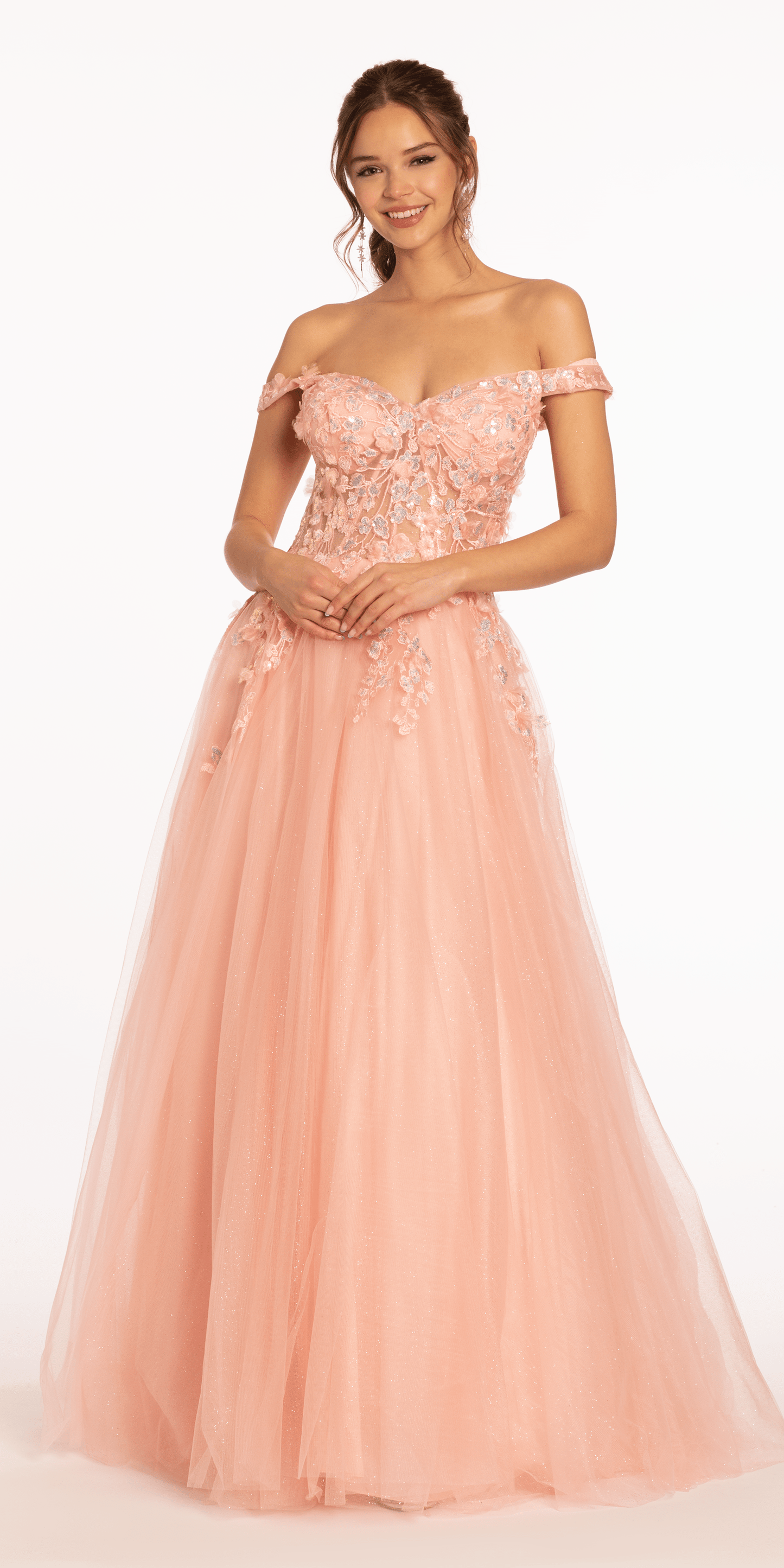 blush Size 0 missy Camille La Vie 3 D Floral Embroidered Off the Shoulder Ballgown front