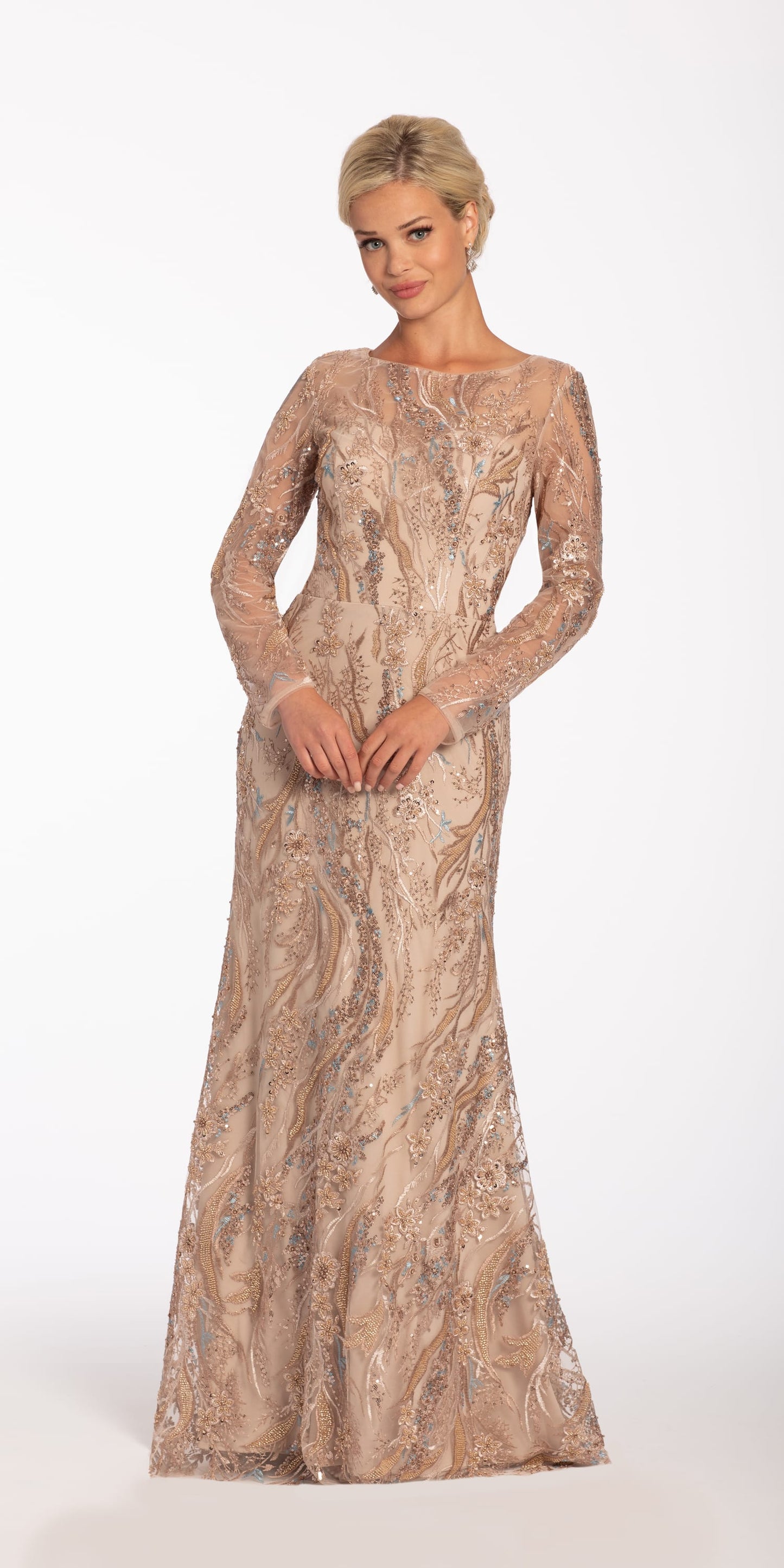 nude-gold Size 6 missy Camille La Vie Long Sleeve Floral Motif Embroidered Dress