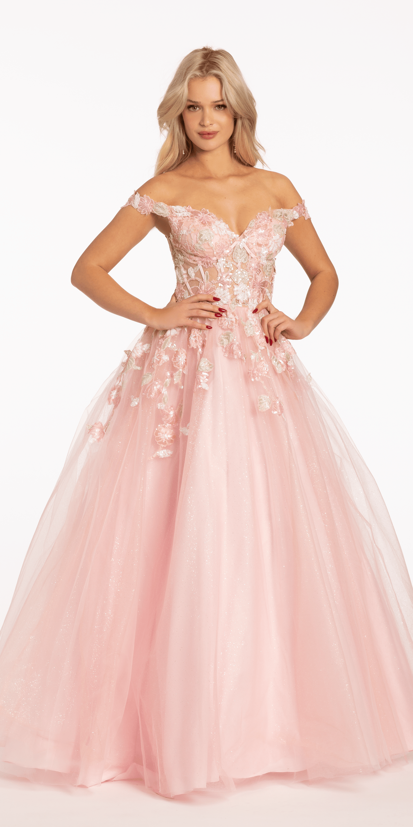 pink-multi Size 0 missy Camille La Vie Off the Shoulder Tulle Ballgown with Sequin Floral Detail