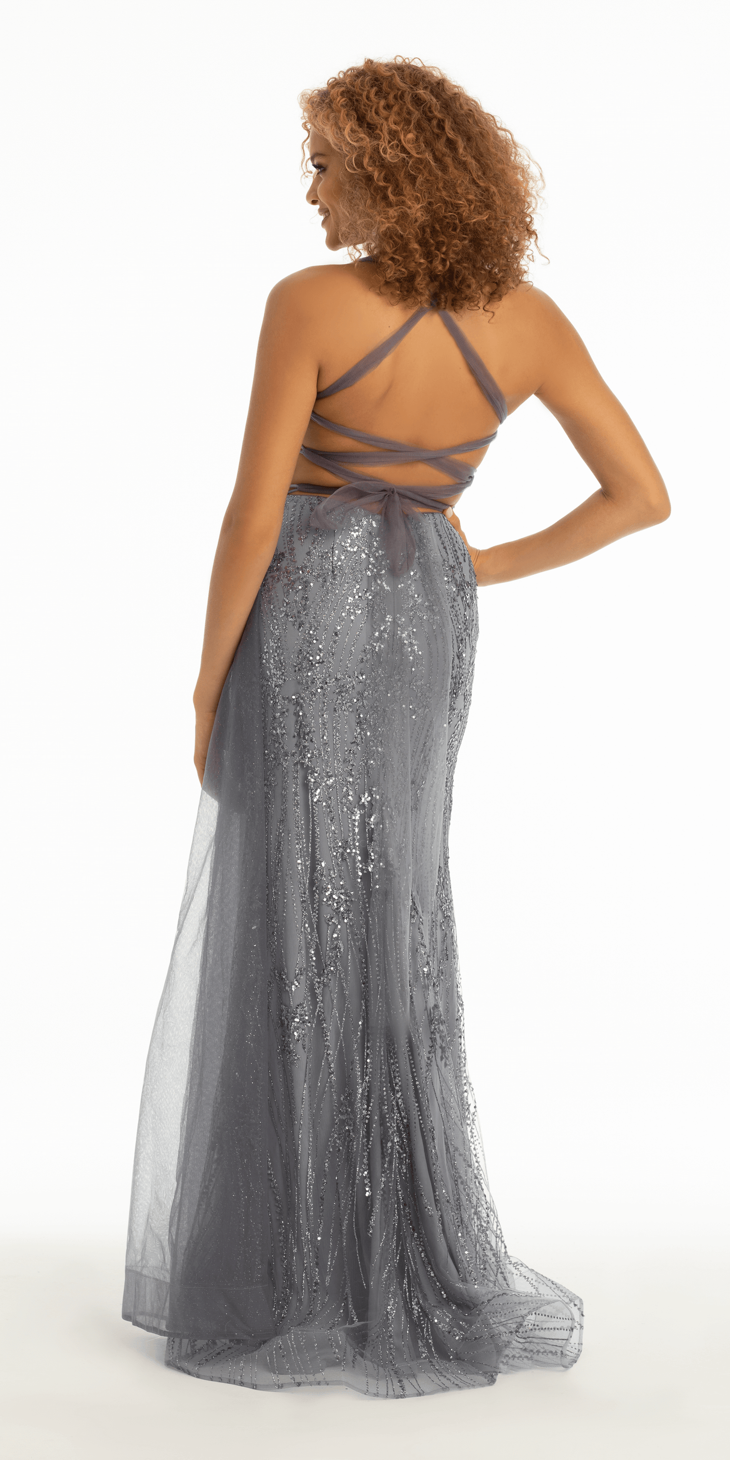 gray Size 00 missy Camille La Vie Strappy Back Sequin Glitter Mesh Trumpet Dress with Chiffon Sash