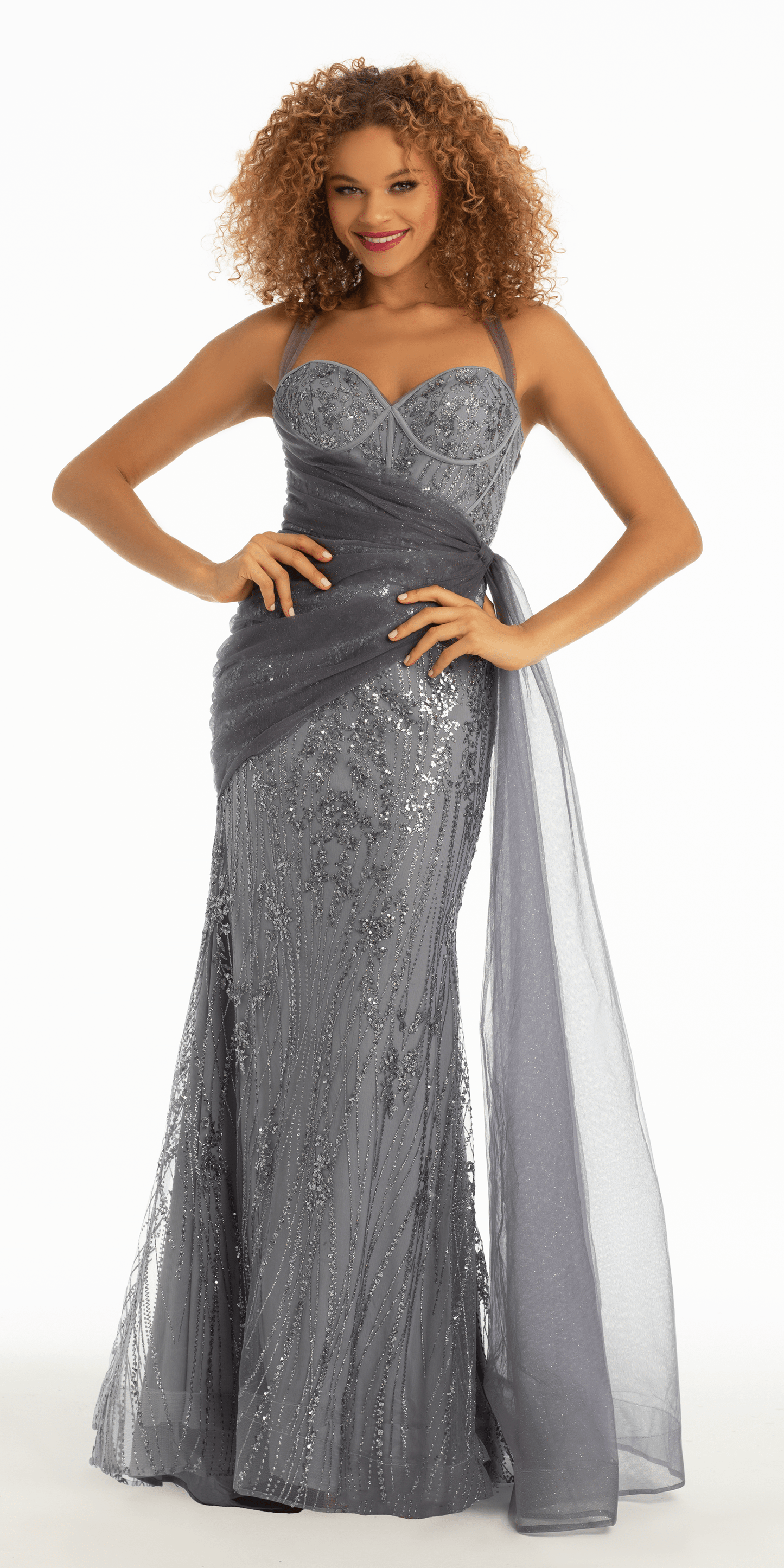 gray Size 00 missy Camille La Vie Strappy Back Sequin Glitter Mesh Trumpet Dress with Chiffon Sash