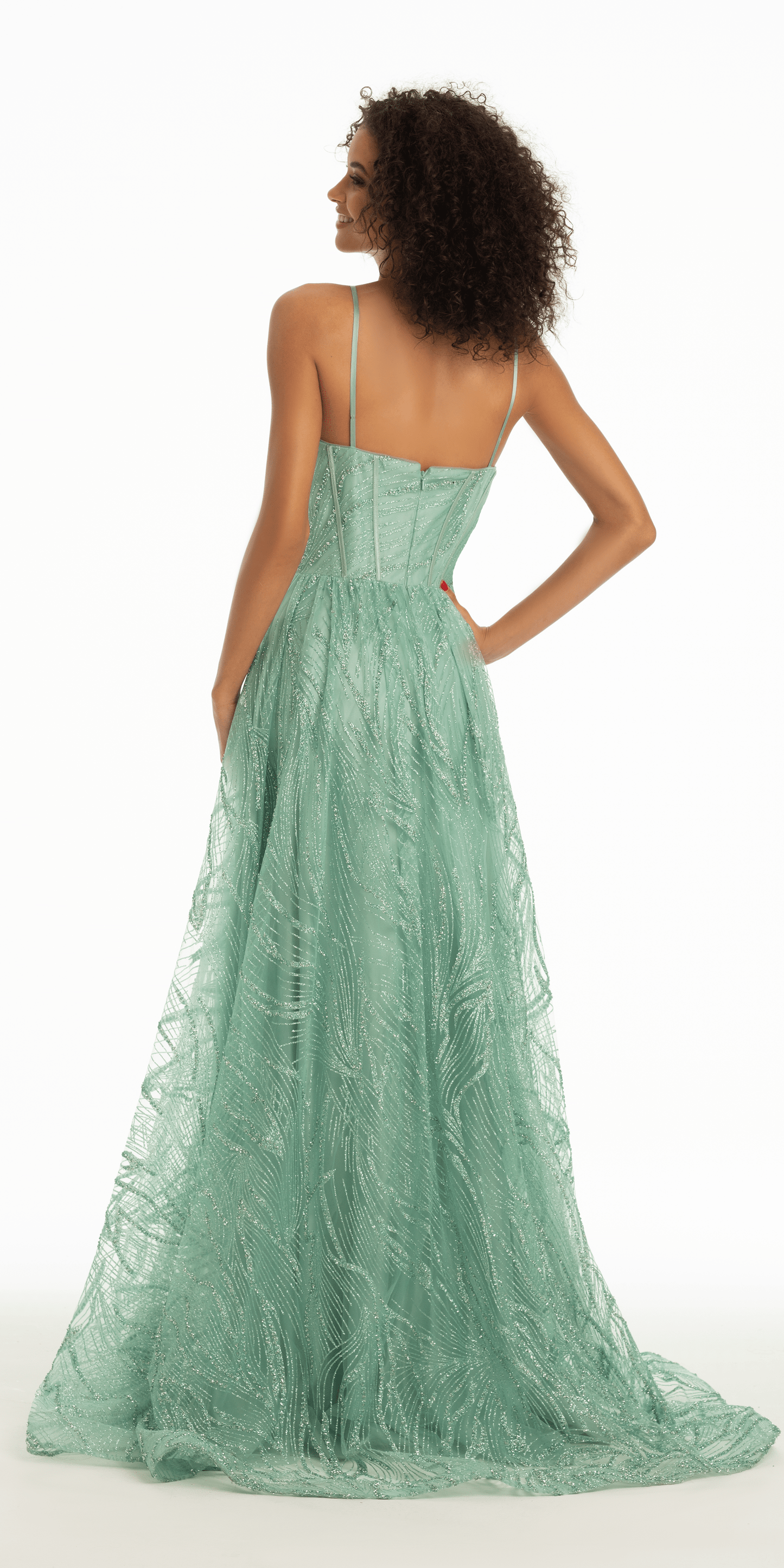 sage Size 0 petite Camille La Vie Glitter Sweetheart Corset A Line Dress with Side Slit