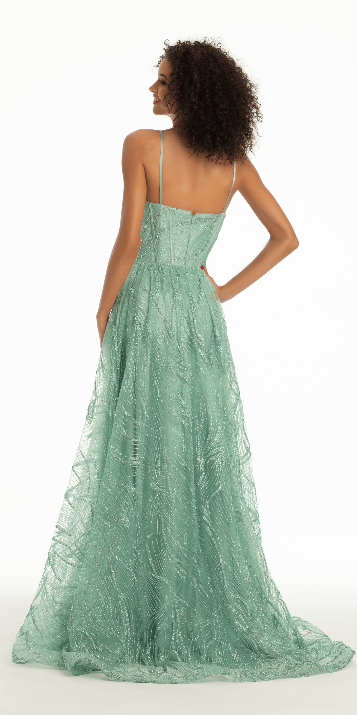 sage/size/2/missy/Camille La Vie/Glitter Sweetheart Corset A Line Dress with Side Slit/back