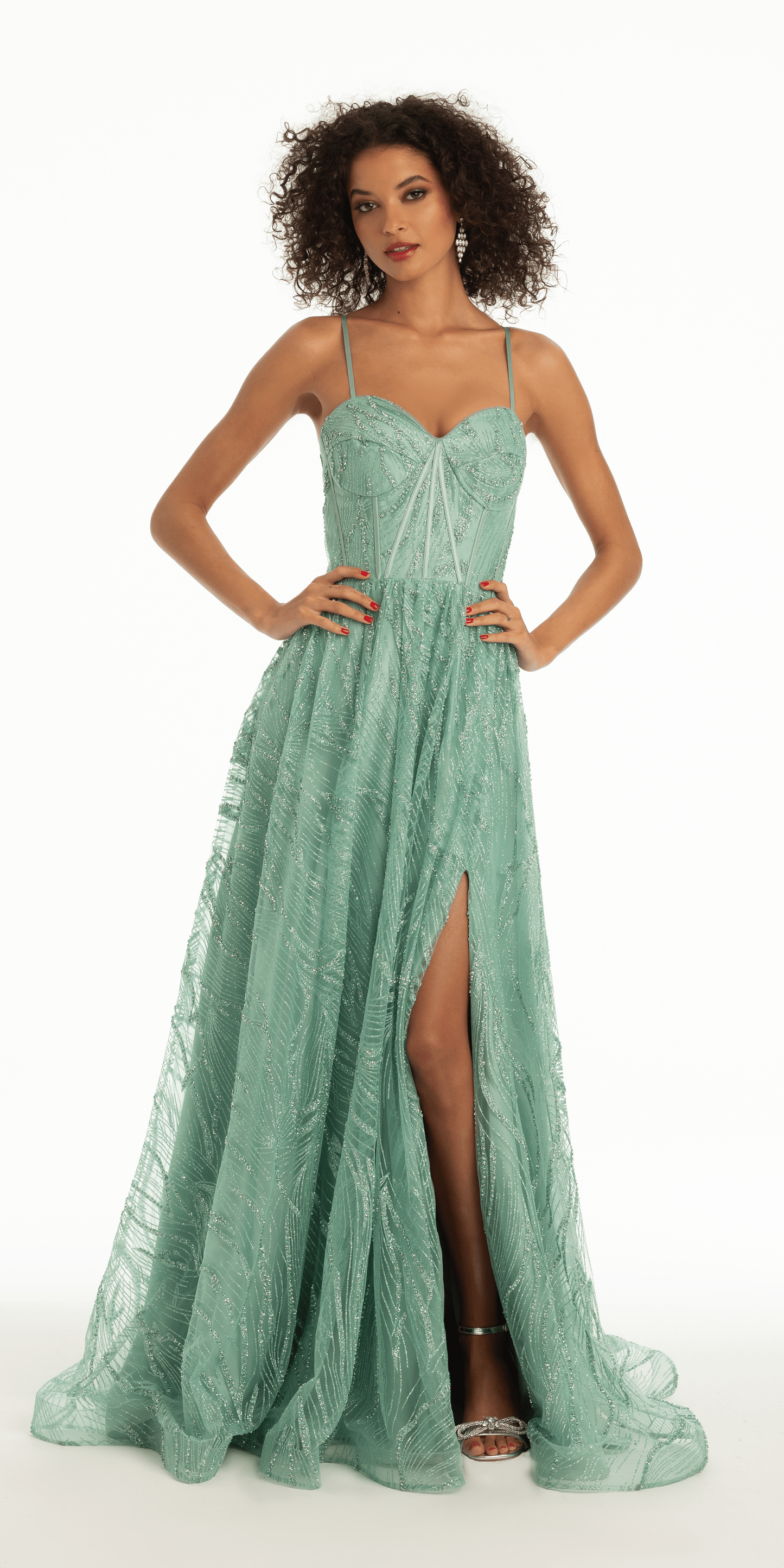 sage Size 2 petite Camille La Vie Glitter Sweetheart Corset A Line Dress with Side Slit