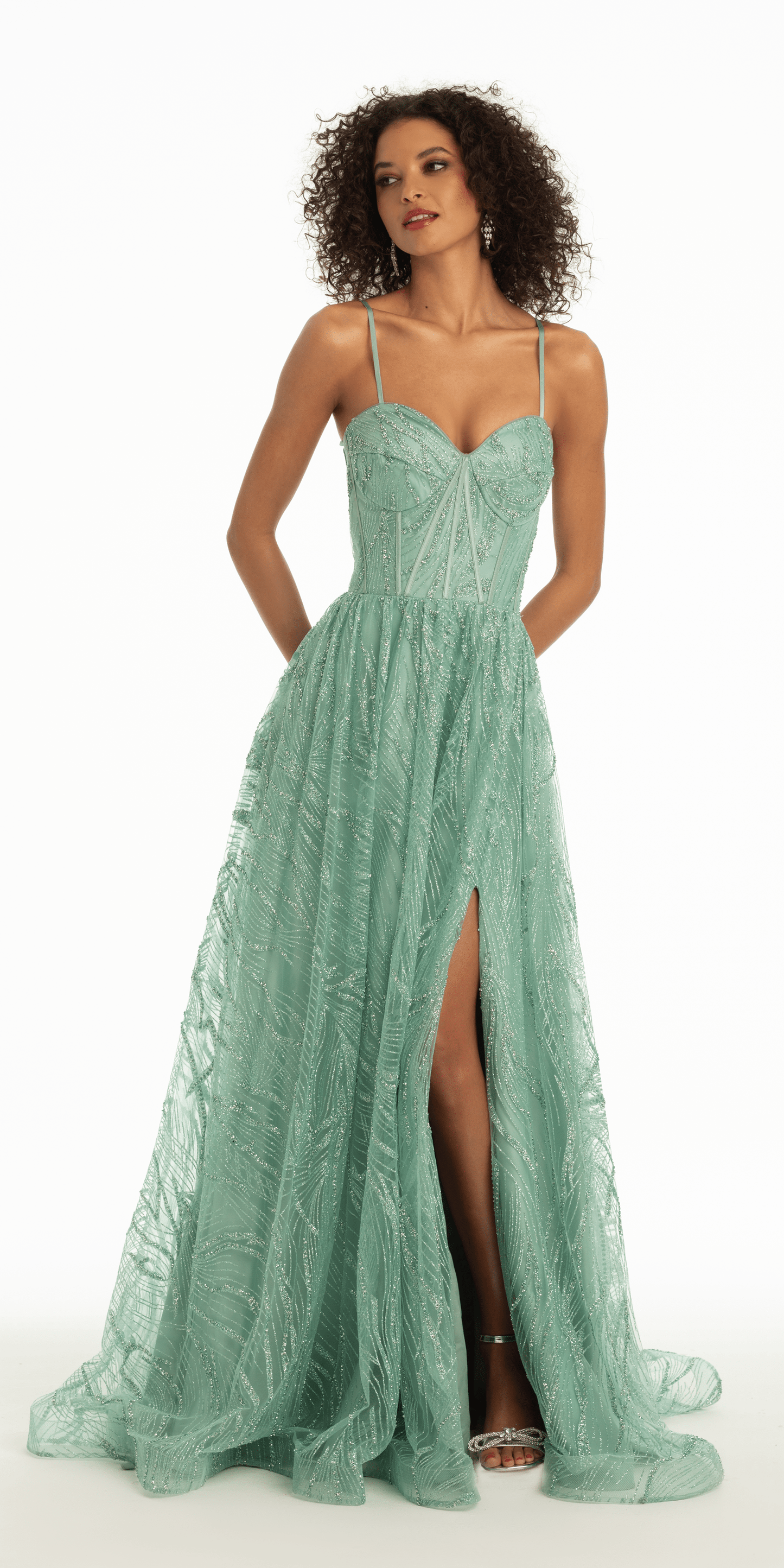 sage Size 4 petite Camille La Vie Glitter Sweetheart Corset A Line Dress with Side Slit