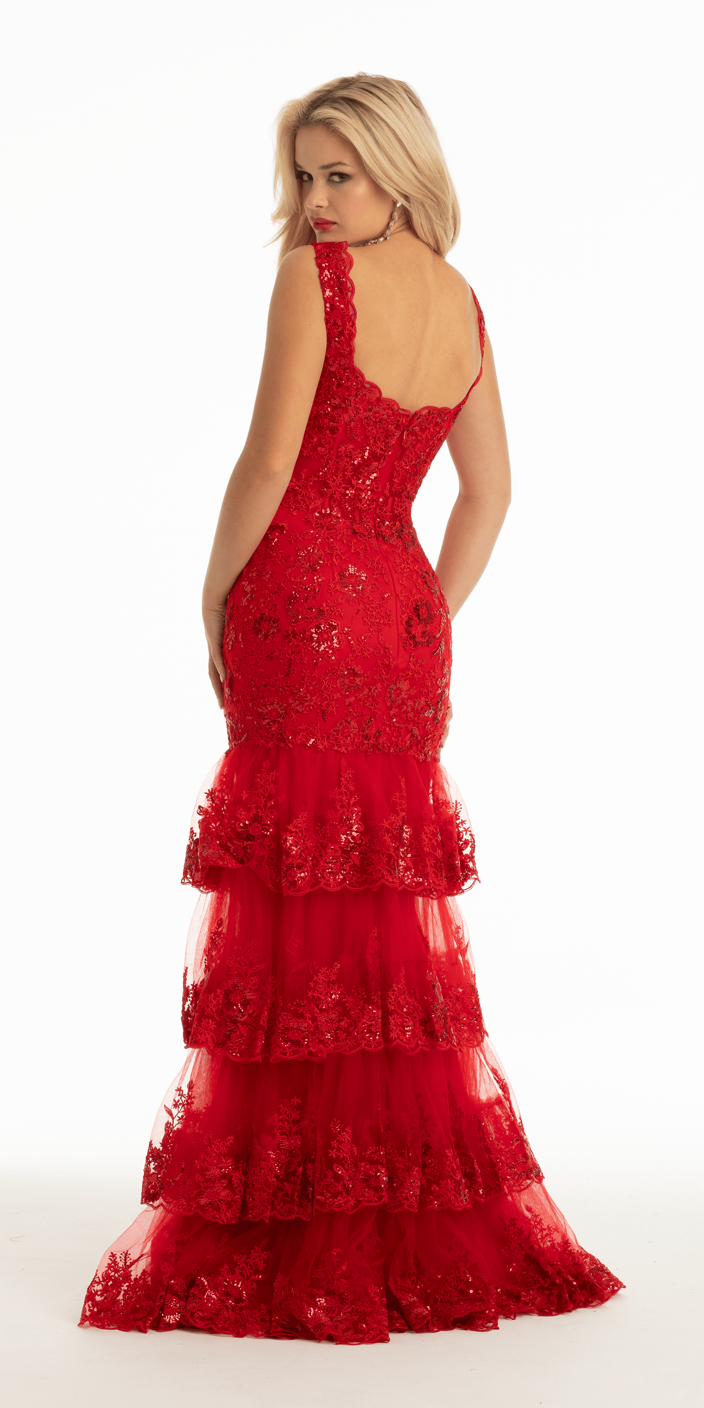 cranberry Size 0 missy Camille La Vie Sweetheart Beaded Embroidered Mesh Corset Tiered Mermaid Dress