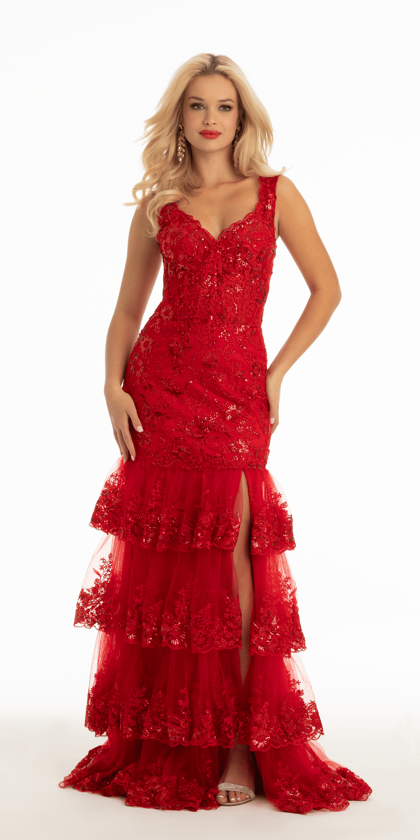 cranberry Size 2 missy Camille La Vie Sweetheart Beaded Embroidered Mesh Corset Tiered Mermaid Dress