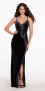 Velvet Rhinestone Plunging Trumpet Dress with Side Slit Image 3
